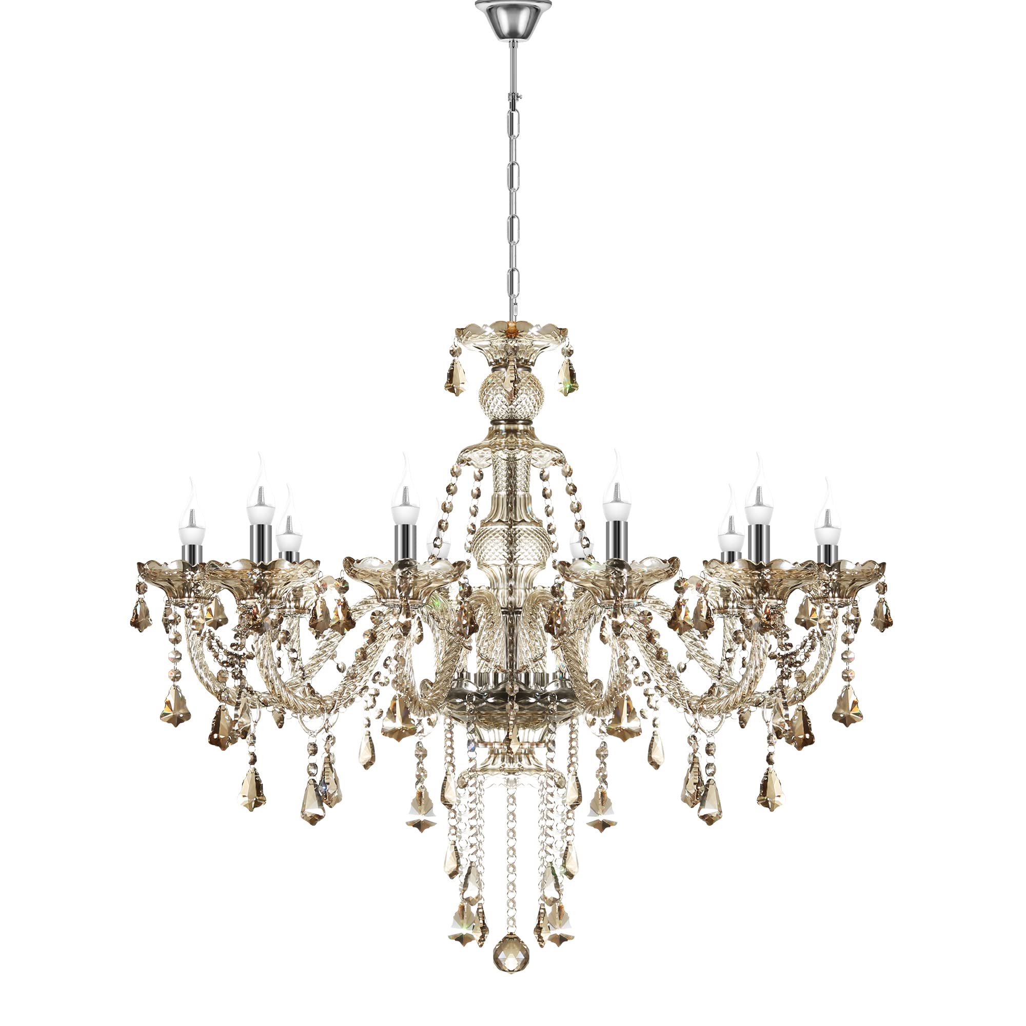 Modern 10-Light Cognac Chandelier with K9 Crystal Glass & Adjustable Chain - Classic Candle Style Ceiling Pendant Light for Bedroom, Dining Room, Hallway (E12 Base) - Perfect for Romantic Dinners, Wedding Decor & Luxury Home Lighting