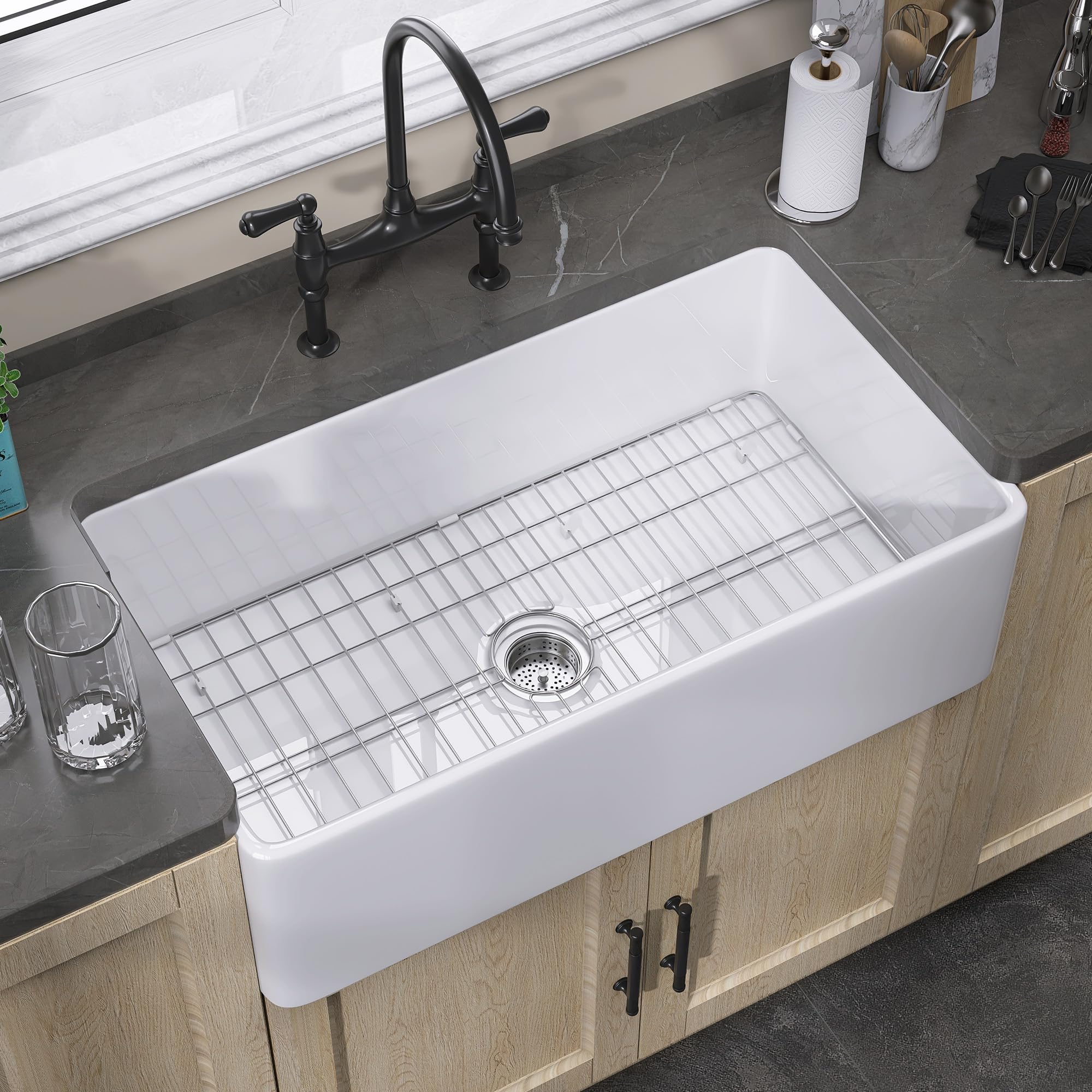 33x20 Inch White Fireclay Farmhouse Sink - Undermount Single Bowl Apron Kitchen Sink with Large Capacity & Accessories | Perfect for Rustic Kitchens, Modern Farmhouse Decor & High-End Renovations