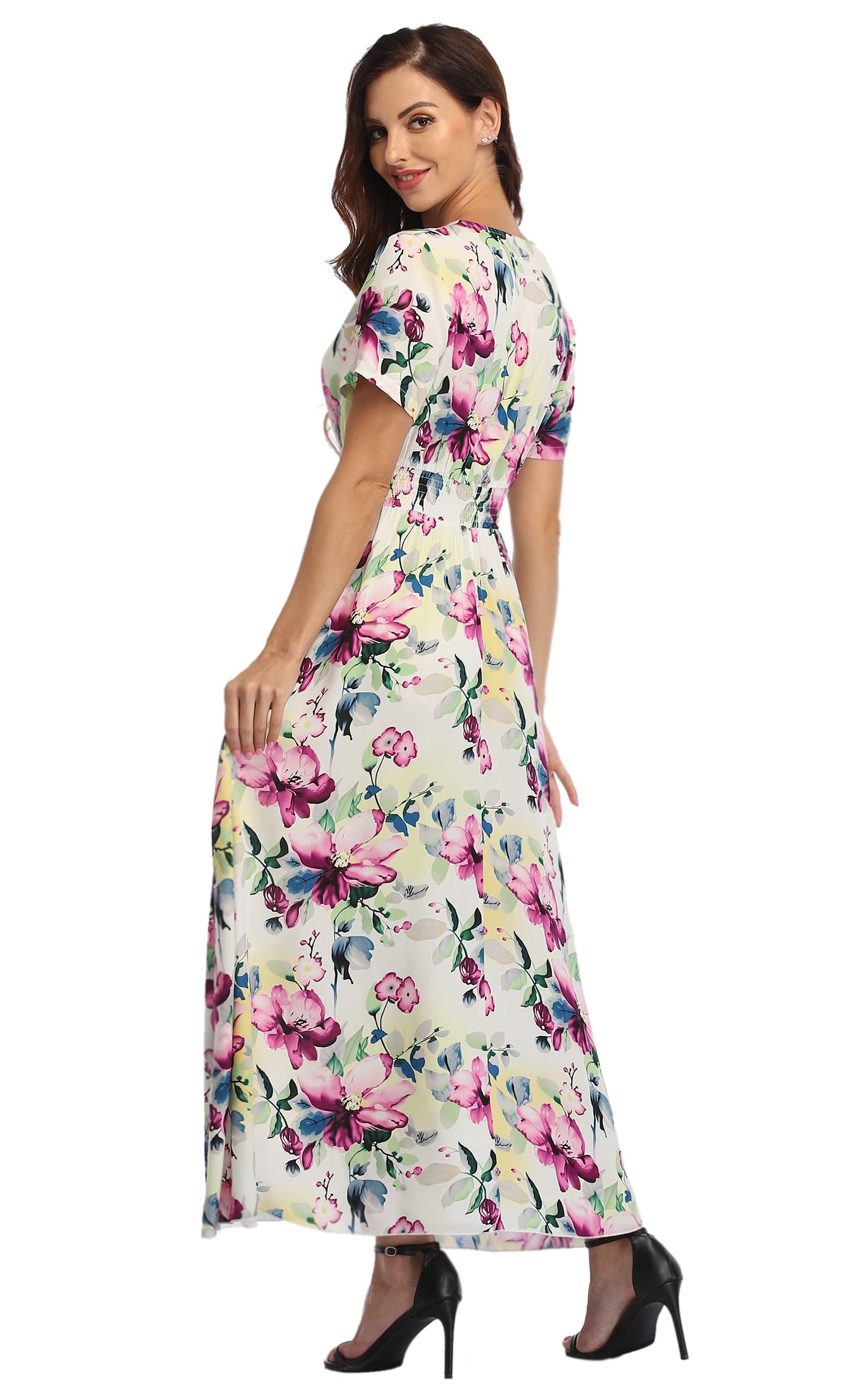 Ferrendo Women's Floral Maxi Dress - Button Up Bohemian Beach Dress with Side Slit | Flowy Summer Party Dress for Vacations, Weddings & Outdoor Events
