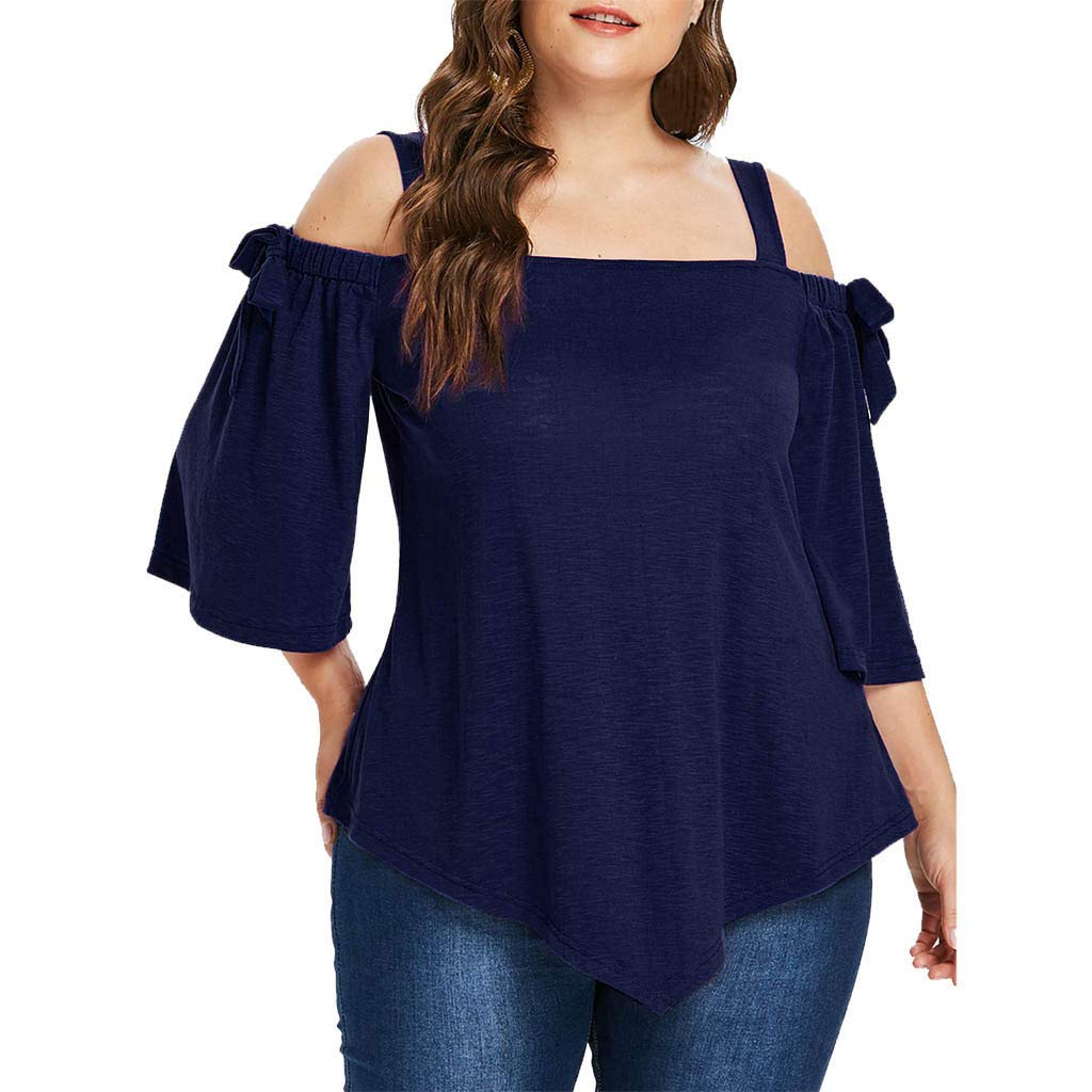 Women's Summer Dresses 2023 - Fashion Casual Plus Size Asymmetric Cold Shoulder T-Shirt with Bow Blouse | Perfect for Beach Vacations, Date Nights & Summer Parties