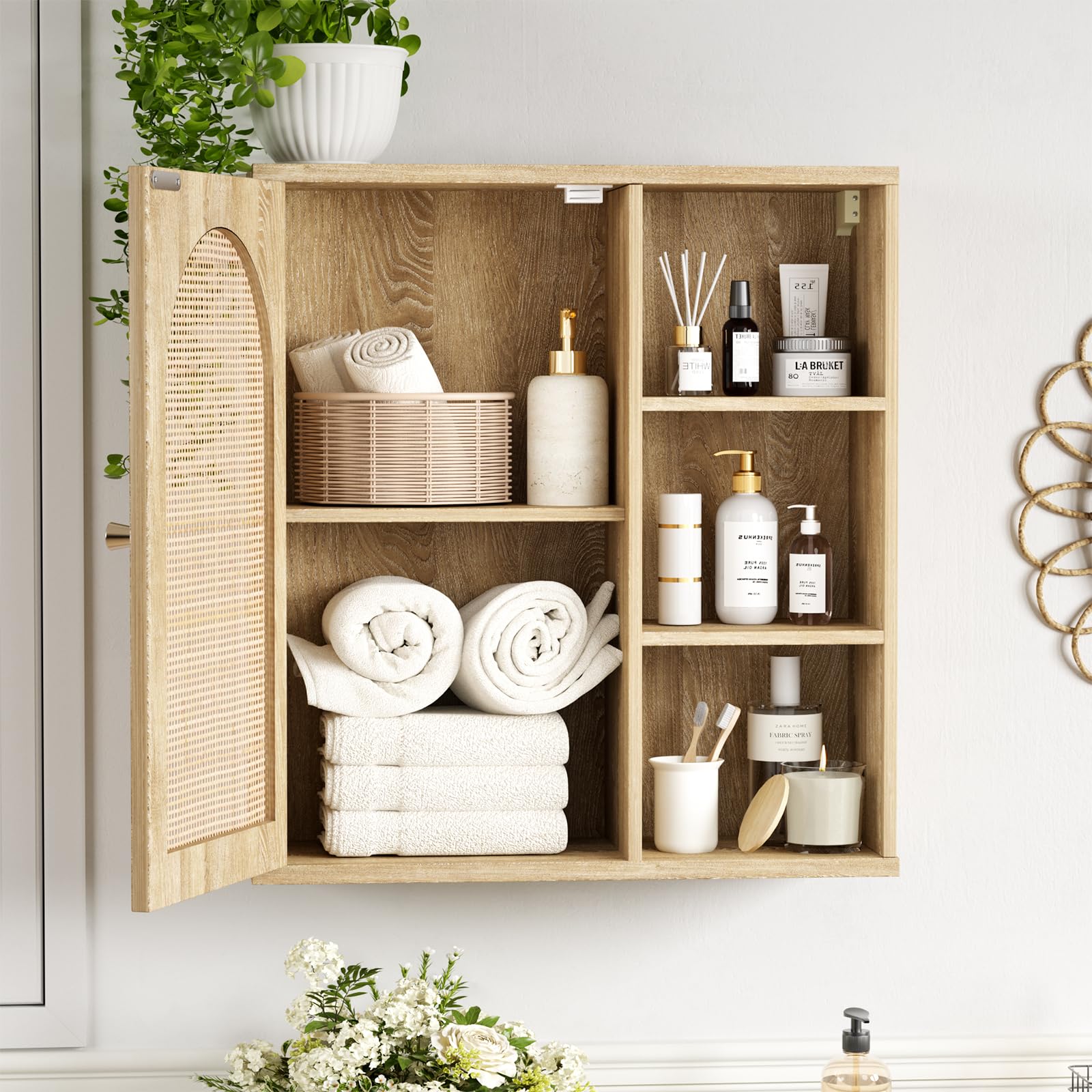 Rattan Bathroom Wall Cabinet with Door - Boho Medicine Cabinet with Adjustable Shelves, Tall Kitchen Storage Cabinet, Floating Hanging Cabinet Space Saver for Laundry Room - Natural Rattan Organizer for Bathroom, Kitchen & Home Decor (Perfect for Small Spaces & Clutter-Free Living)