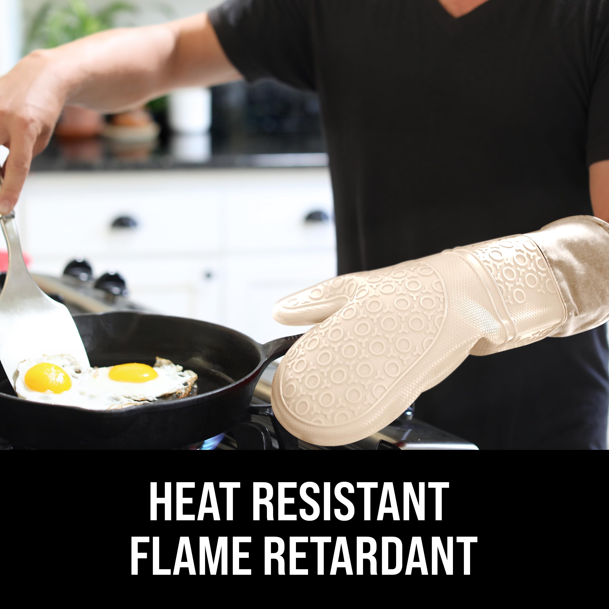 Extra Long Professional Silicone Oven Mitts - Heat Resistant Up to 500°F, Quilted Cotton Liner for Maximum Protection, Flexible Kitchen Gloves for Baking, Grilling & Cooking (1 Pair, Beige, 14.7 Inch) - Perfect for BBQ, Roasting & Handling Hot Pots/Pans