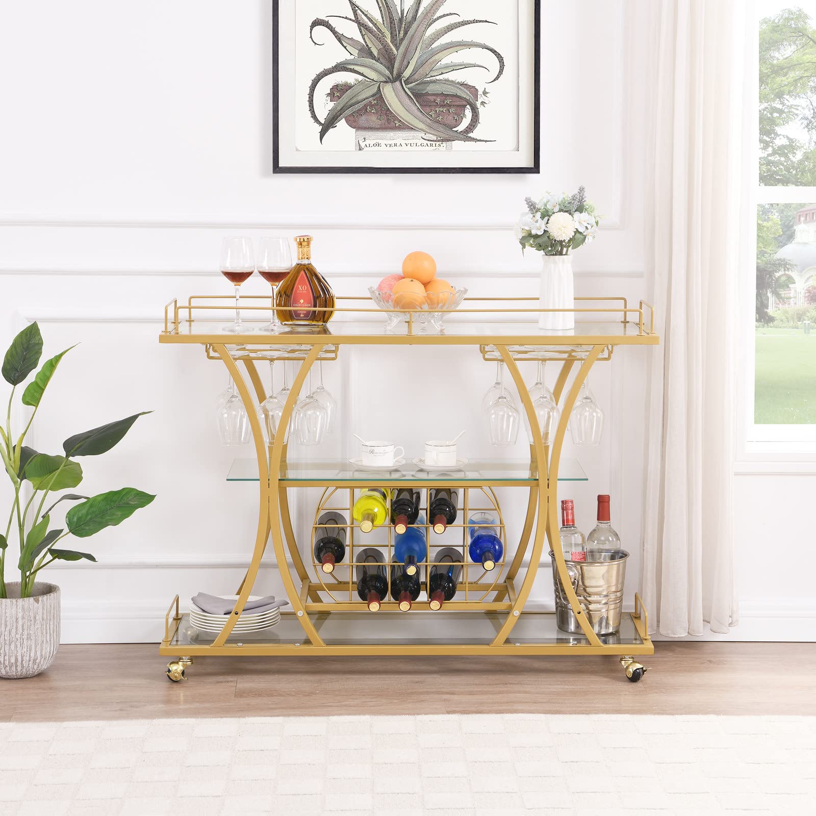 3-Tier Gold Rolling Bar Cart with Glass Holders & Wine Rack - Metal Kitchen Serving Cart with Glass Shelves for Home, Party & Outdoor Entertaining - Perfect for Cocktail Making, Wine Display & Mobile Bar Setup