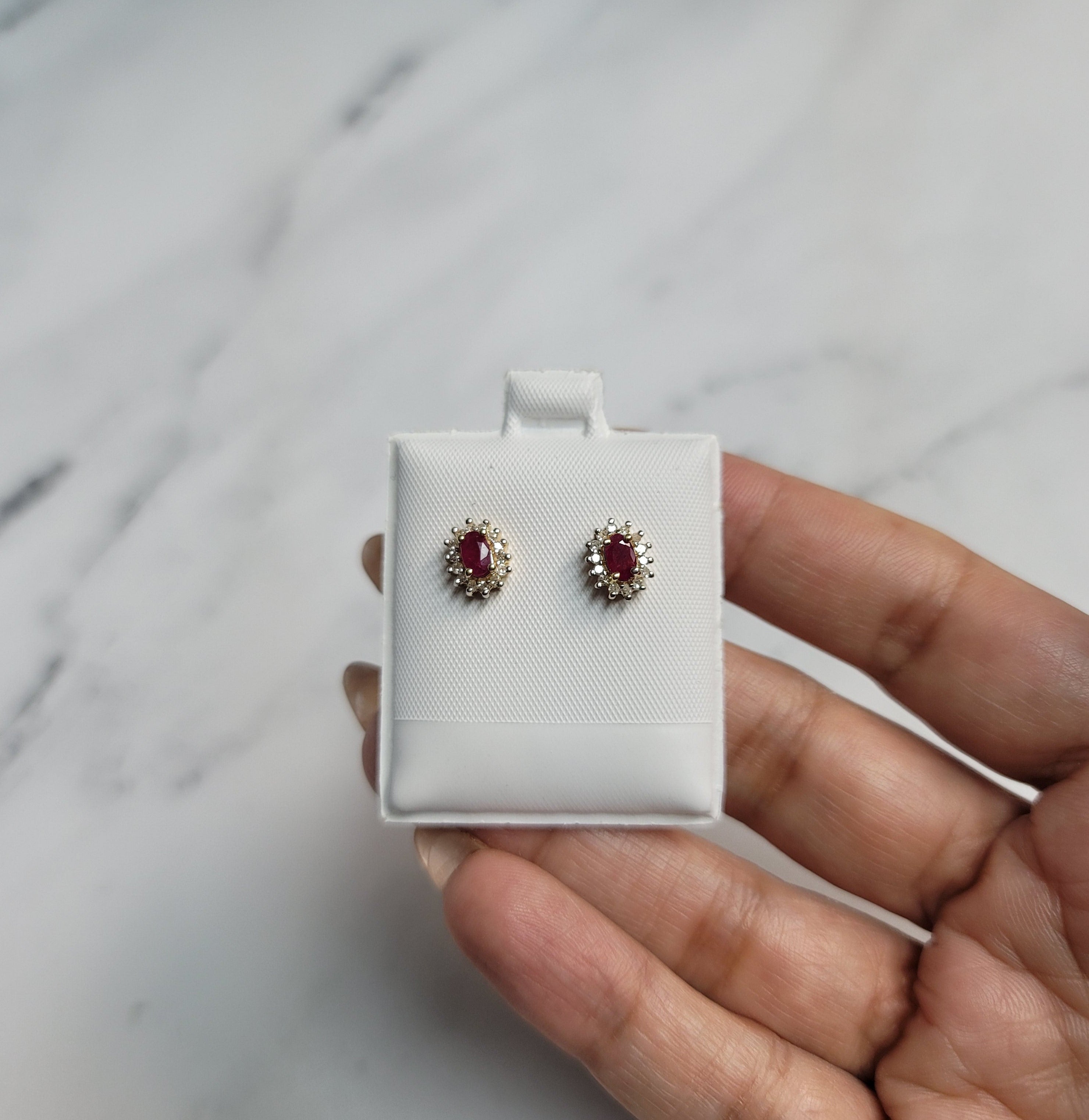 14K Yellow Gold Oval Ruby & Diamond Halo Stud Earrings for Women - Elegant Gift for Anniversary, Birthday & Special Occasions