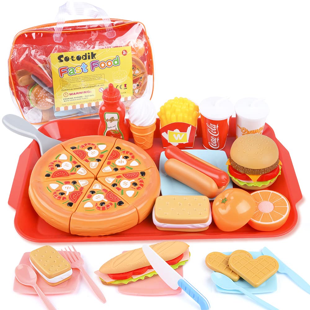 Sotodik 32PCS Pretend Play Food Set - Fast Food Toys with Cutting Pizza, Hamburger & Fruits - Educational Playset for Toddlers, Boys & Girls (Single Tray) - Perfect for Role Play, Kitchen Fun & Early Learning Activities