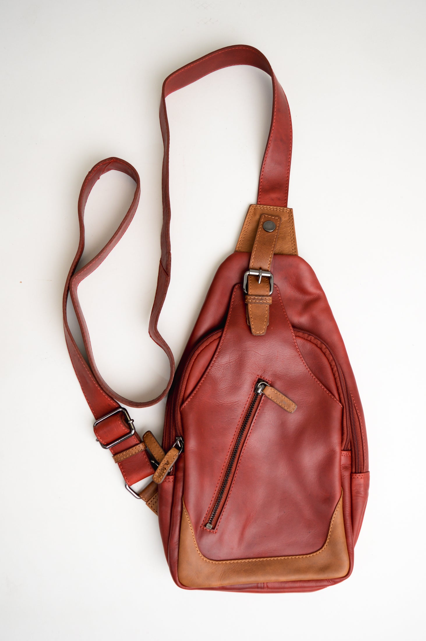 Premium Buffalo Leather Adrian Klis 1854 Sling Bag - Red/Tan Crossbody Bag for Men & Women | Perfect for Travel, Work & Everyday Use
