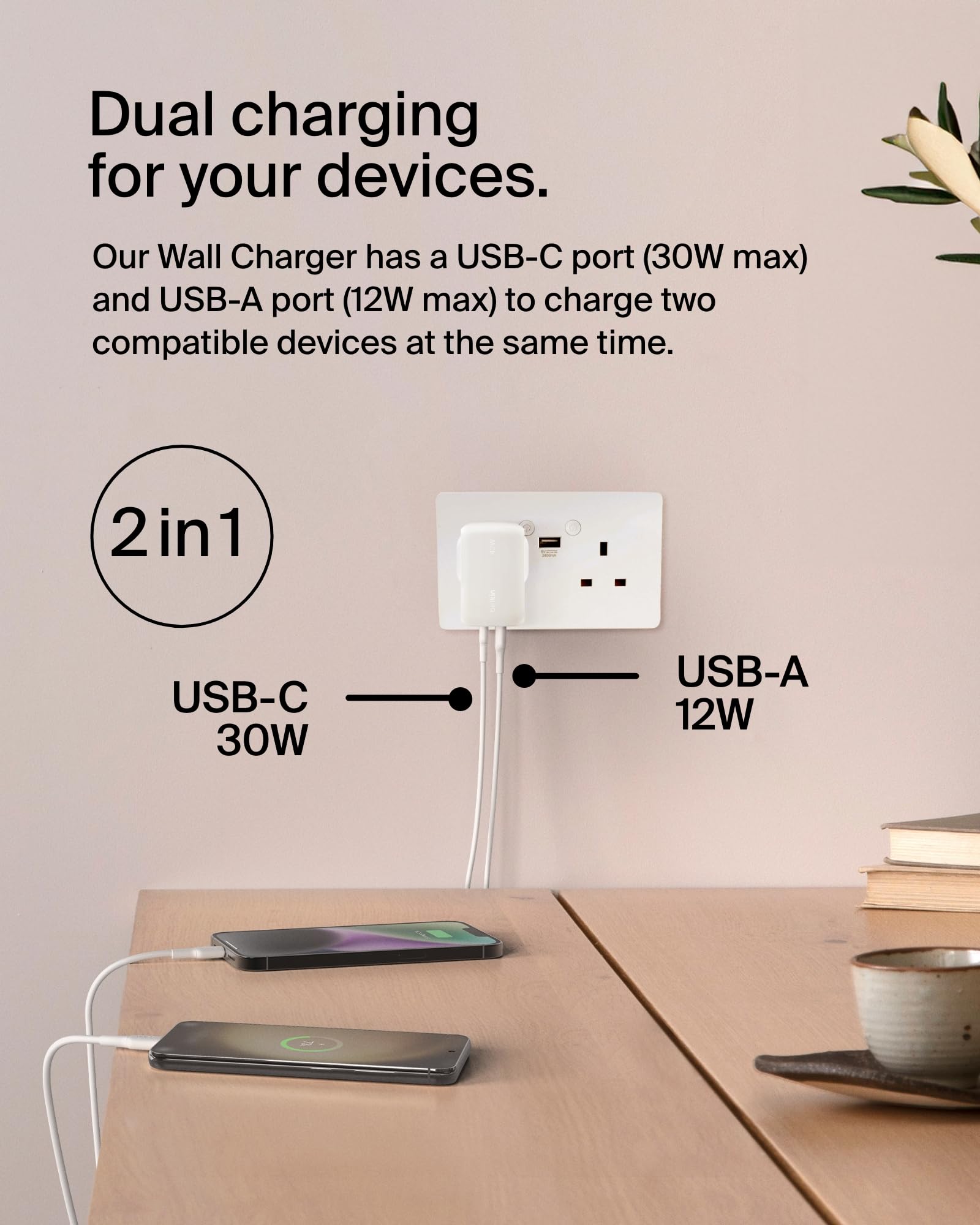Belkin BoostCharge 42W Dual Port Wall Charger - Fast USB-C & USB-A Charger for iPhone 16 Series, Galaxy S24, iPad, Pixel & More | Compact Travel Charger for Home, Office & Car | White