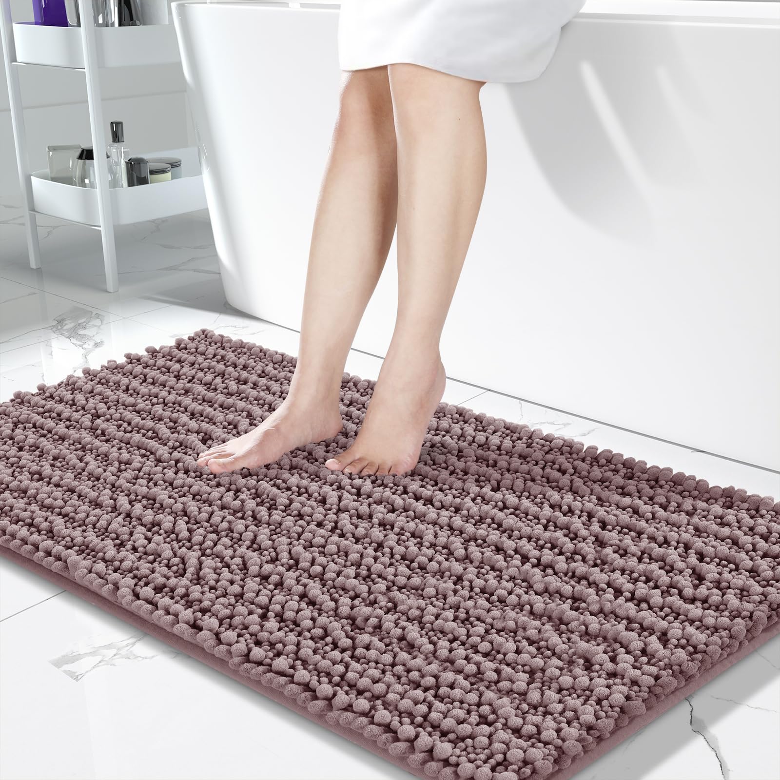 Yimobra Long Bathroom Rug Mat - 44x24 Inch Non-Slip Soft Absorbent Bath Mat, Machine Washable Quick Dry, Thick Modern Bathroom & Bedroom Floor Mat, Home Decor Accessories in Mauve - Perfect for Bathroom Safety & Luxury Home Decor