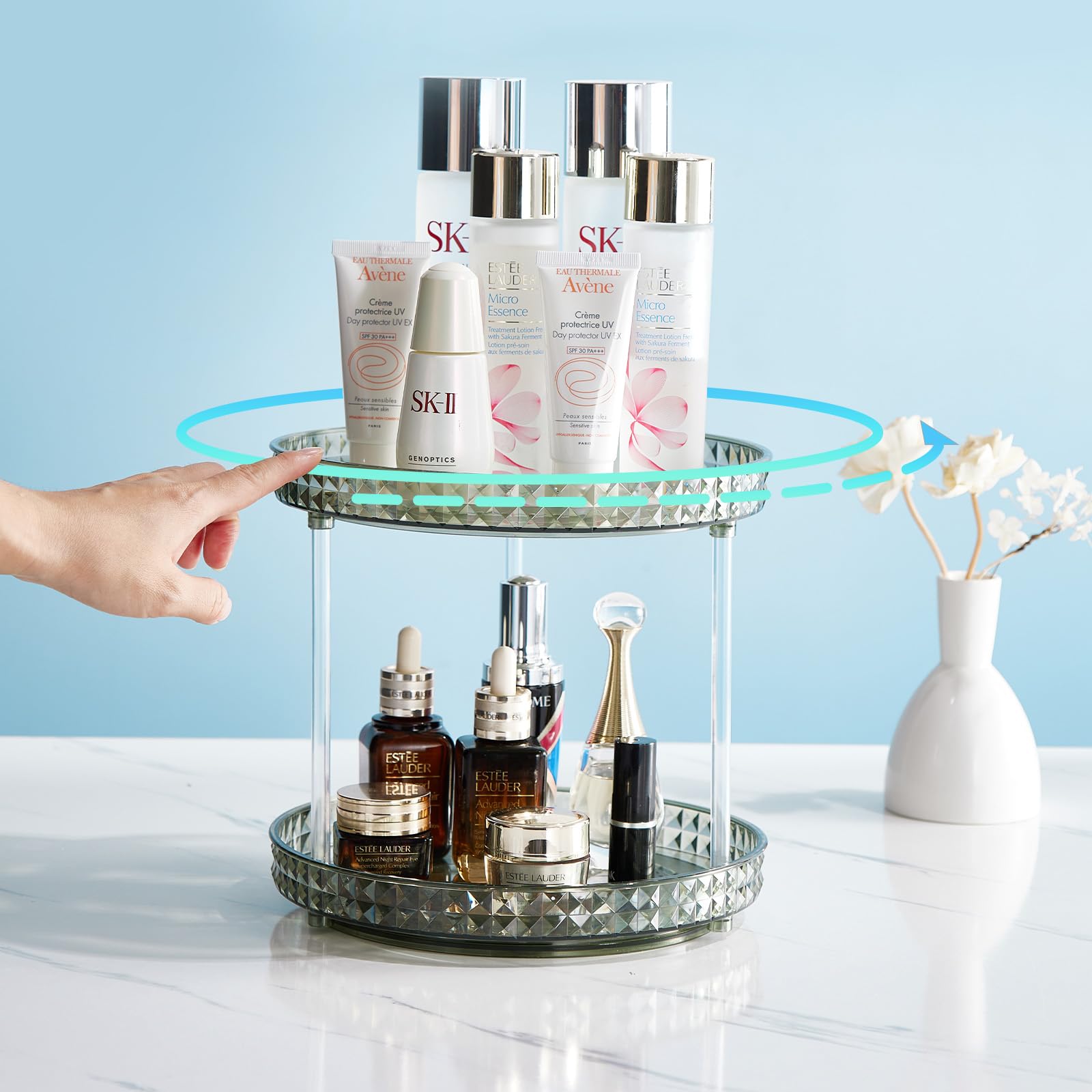 360° Rotating 2-Tier Makeup Organizer for Vanity & Bathroom Countertop - High-Capacity Cosmetic & Skincare Storage with Spinning Perfume Holder - Perfect for Daily Beauty Routine & Small Space Organization (Green)