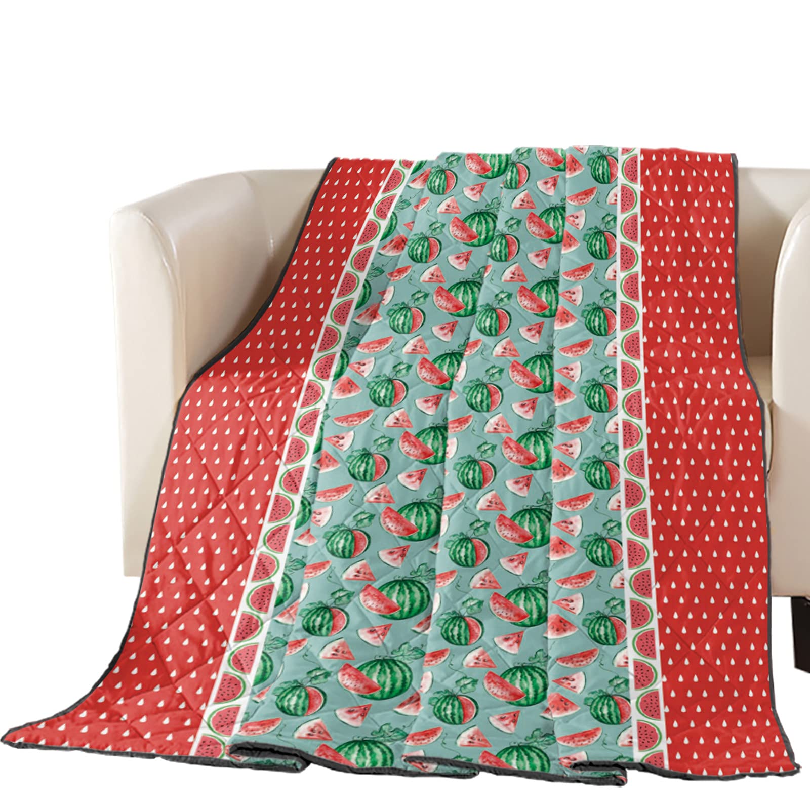 Oversize Queen Size Watermelon Print Quilted Blanket - Breathable All-Season Bedspread, Soft Comforter Duvet Cover for Kids Room Decor (Red Watermelon Seed Design) - Perfect for Summer Bedding, Nursery Decor & Cozy Bedroom Makeover