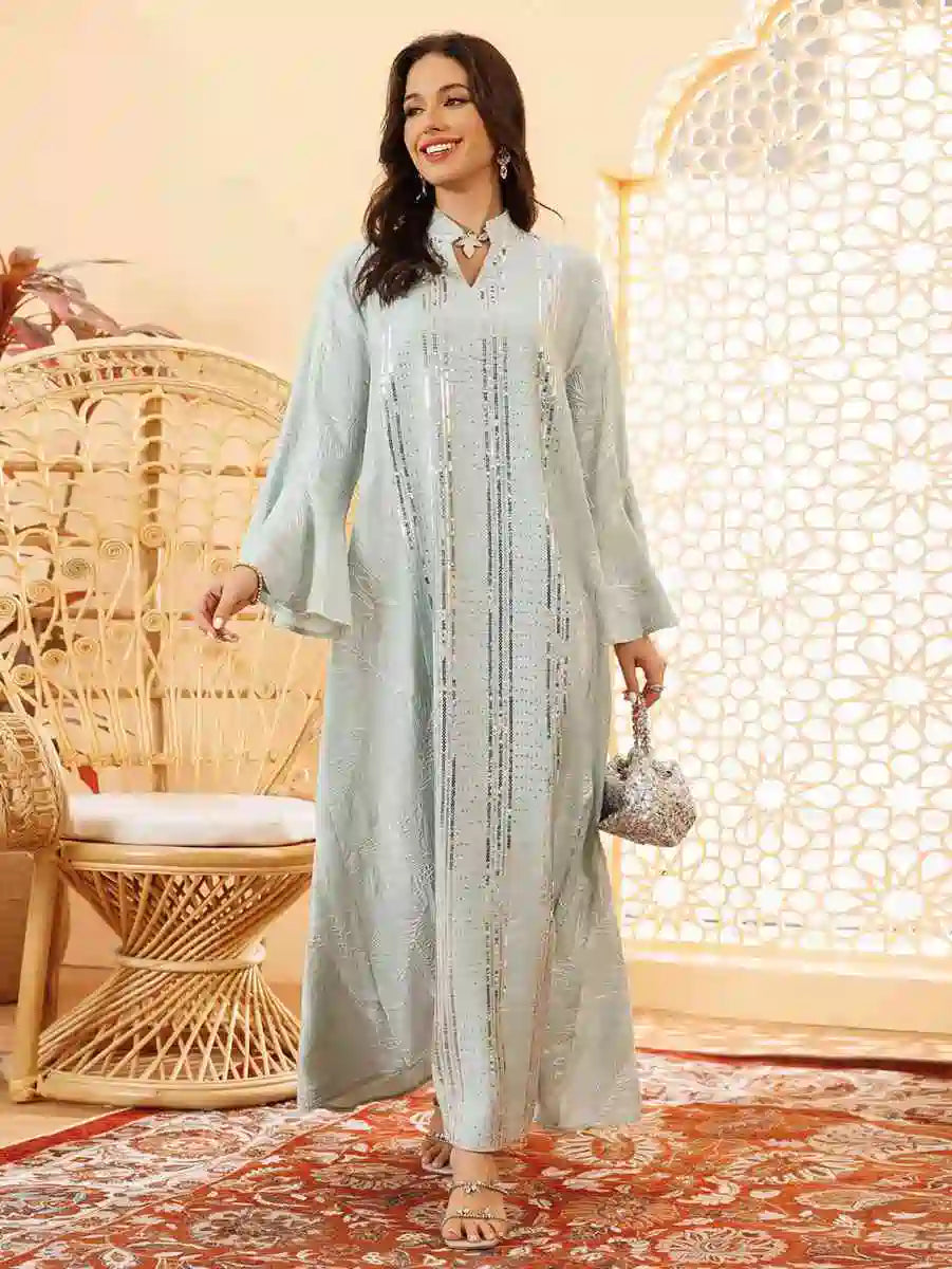 Elegant Eid Dress with Sequins Embroidery - Flowy Caftan Kaftan Dress for Women #25419 | Perfect for Eid Celebrations, Weddings & Special Occasions