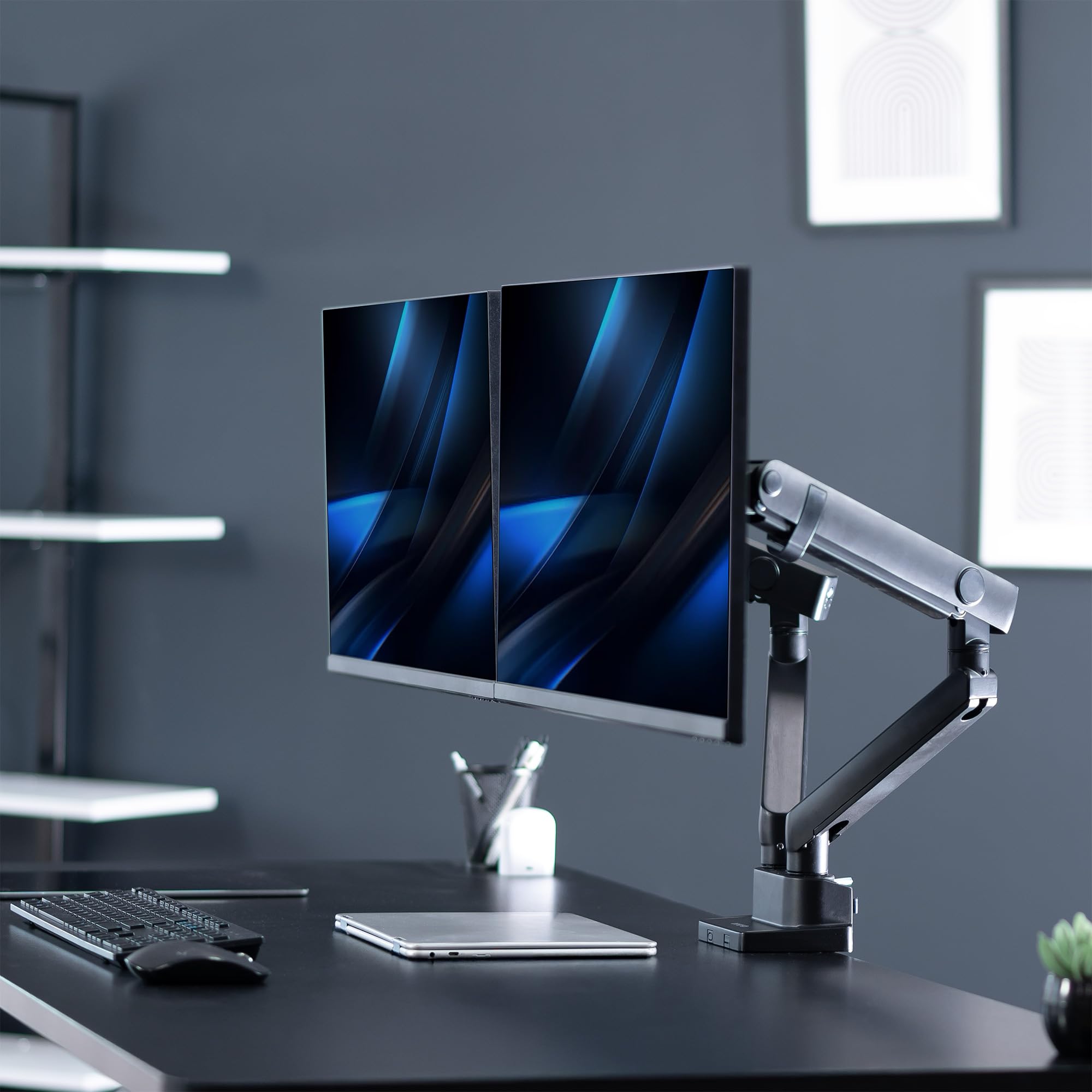 VIVO Premium Aluminum Full Motion Dual Monitor Desk Mount Stand with Lift Engine Arm - Holds Ultrawide Screens up to 35 inches (STAND-V102BB) - Perfect for Home Office, Gaming Setup & Workspace Ergonomics