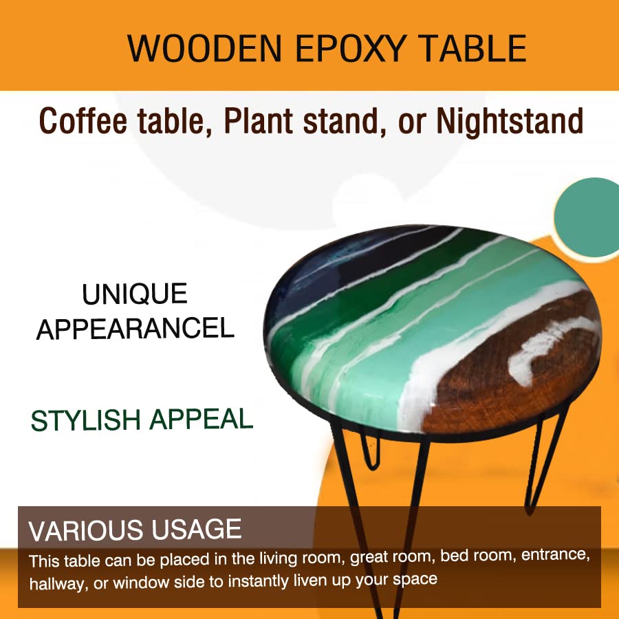 Handmade Epoxy Resin River Table with Wood & Turquoise - Modern Round Dining Table with Iron Legs - Glossy Finish for Living Room, Office, or Restaurant Decor