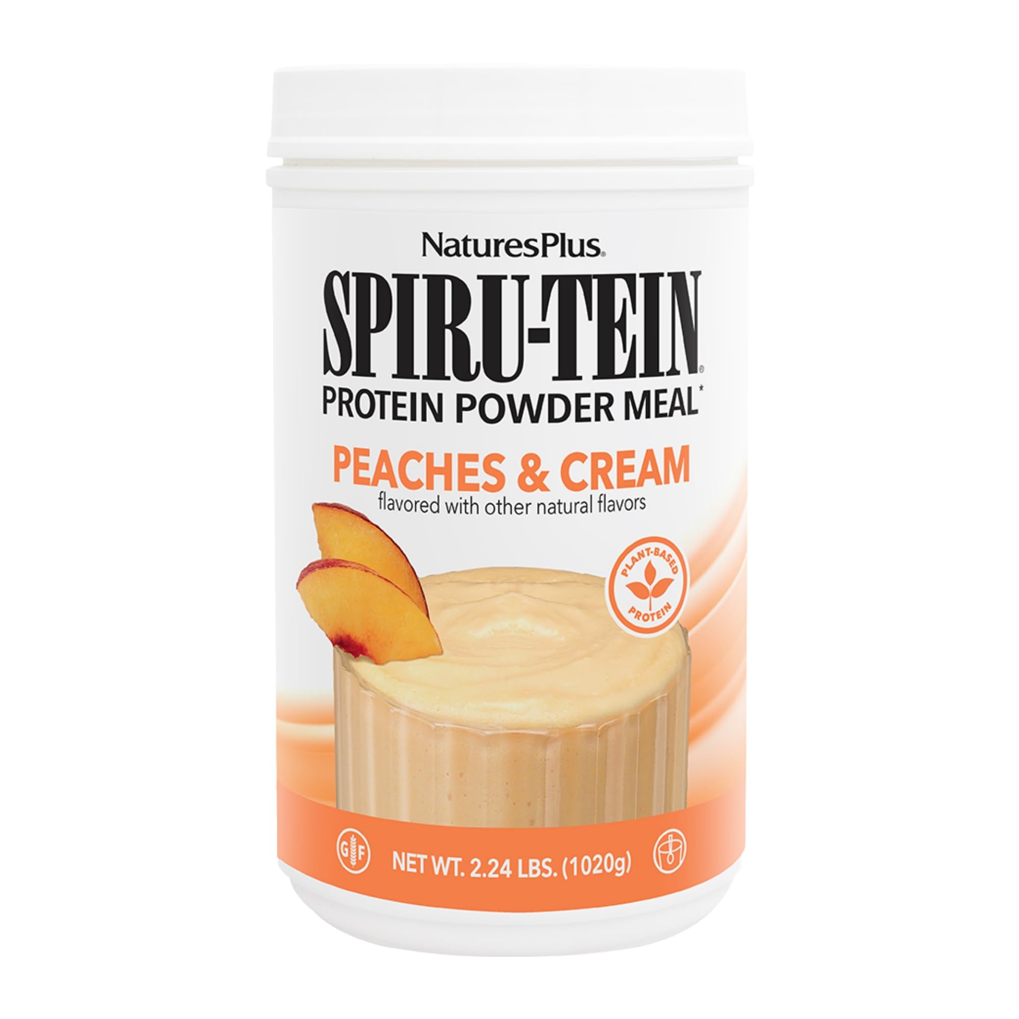 Natures Plus SPIRU-TEIN Peaches & Cream Plant-Based Protein Powder - 2.24 lb (30 Servings) | Vegan, Gluten-Free with Vitamins & Minerals for Energy | Perfect for Post-Workout Recovery & Healthy Smoothies