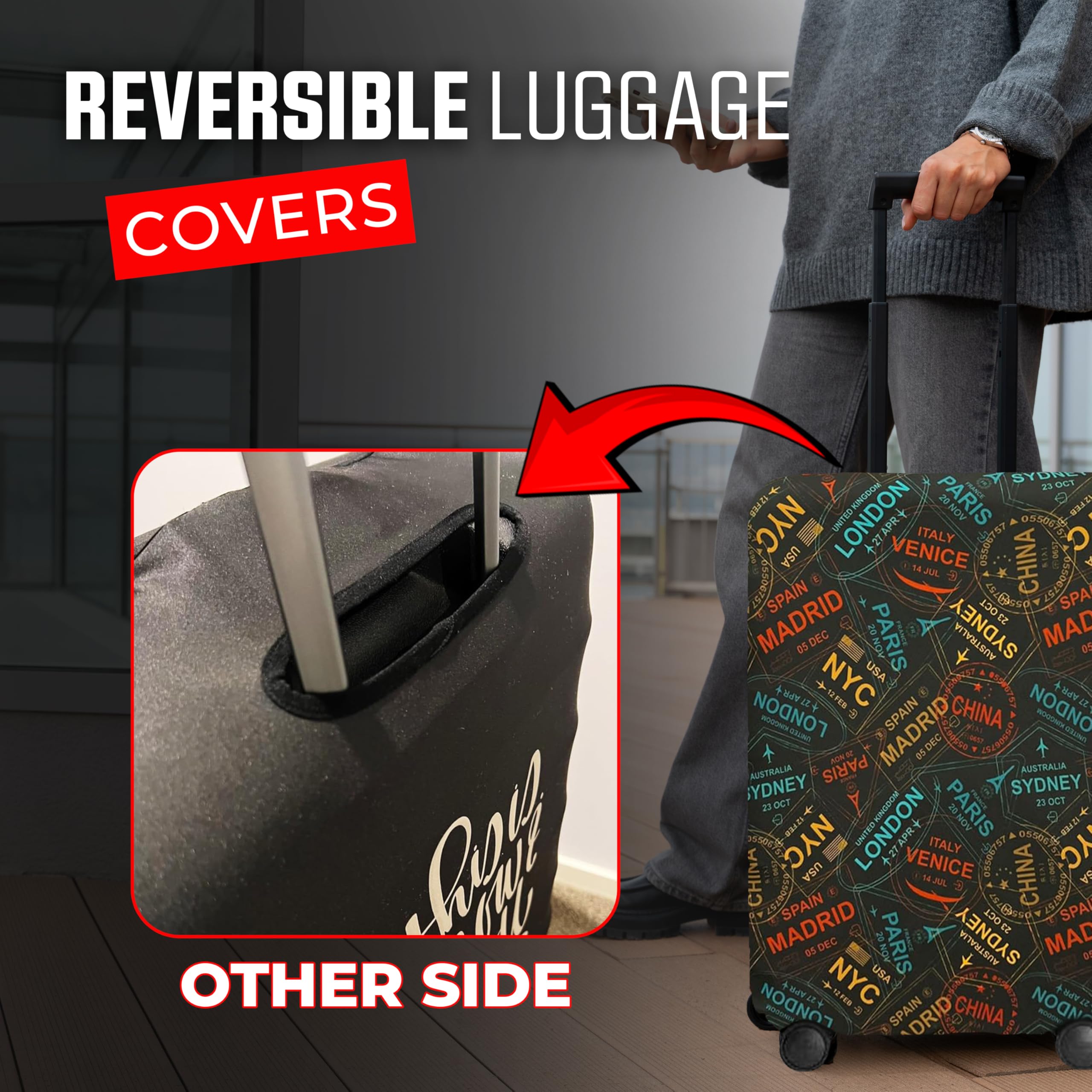 Reversible Luggage Cover Protector - Washable Anti-Scratch Suitcase Protector for Travel (Black Hot Air Balloon, Large 65-71 x 43-48 x 26-30cm) | Perfect for Airplane, Train & Vacation Trips