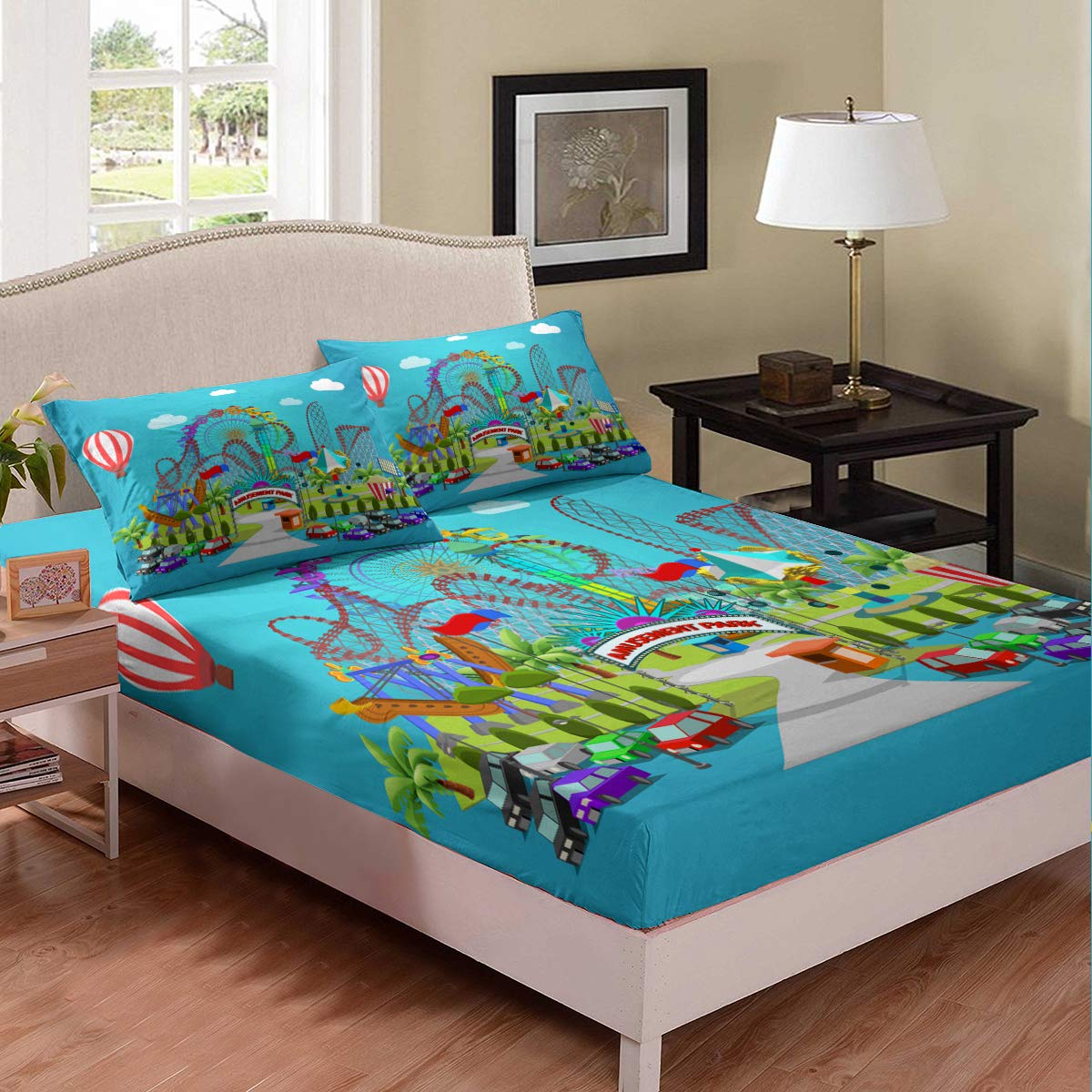 **Cartoon Amusement Park Themed Kids Bedding Set - Ferris Wheel, Roller Coaster & Pirate Ship Print Twin Duvet Cover, Fitted Sheet & Pillowcase (2-Piece Set, Blue Sky White Clouds) - Perfect for Themed Bedrooms, Sleepovers & Playrooms**