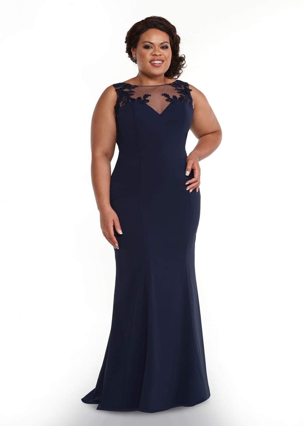 Elegant 80109 Fitted Stretch Chiffon Bridesmaid Dress with Illusion Lace Neckline - Perfect for Weddings, Formal Events & Special Occasions
