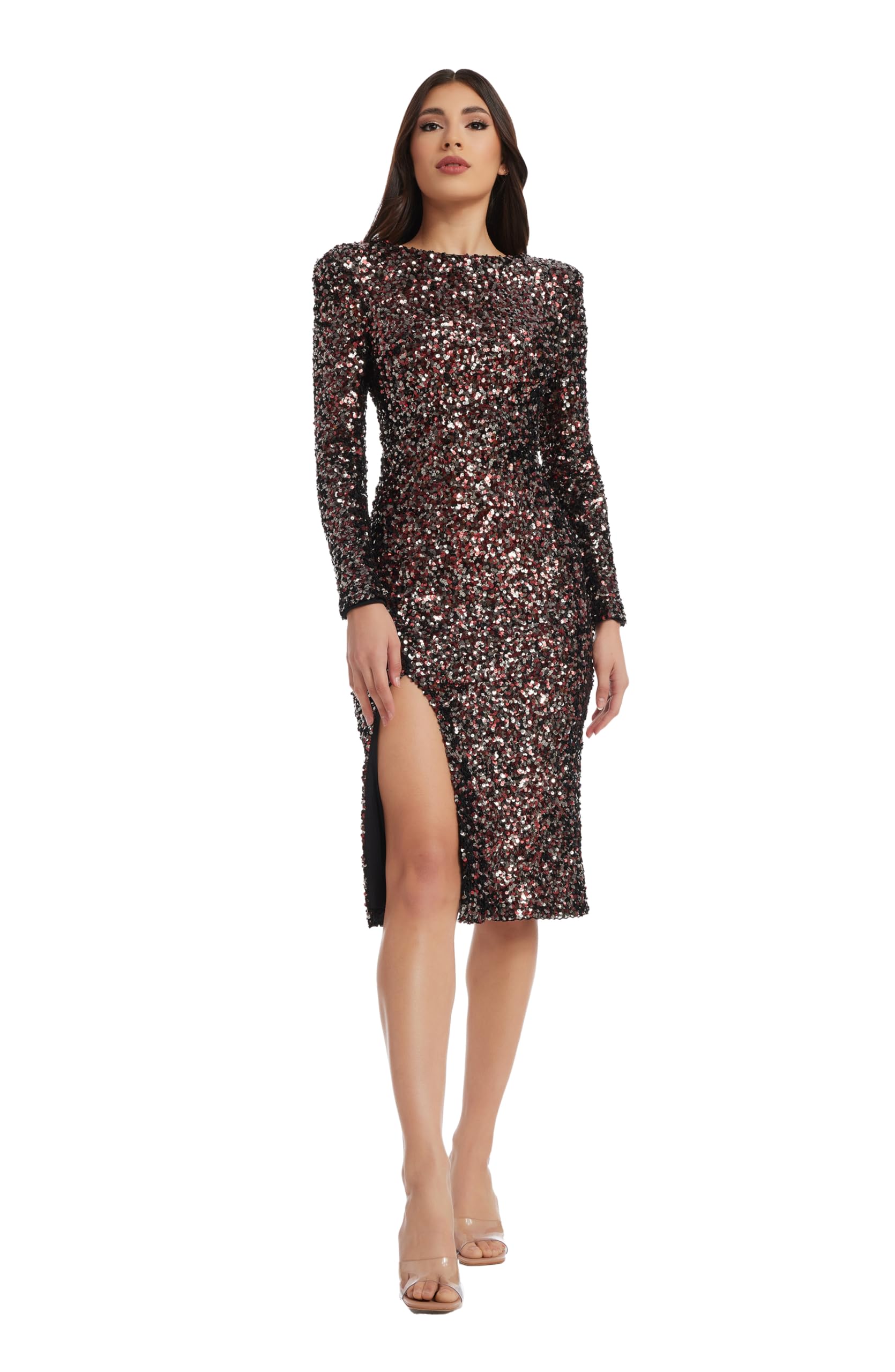 Dress the Population Women's Natalie Long Sleeve Bodycon Midi Dress with Round Neck & Side Slit - Perfect for Date Night, Cocktail Parties & Formal Events