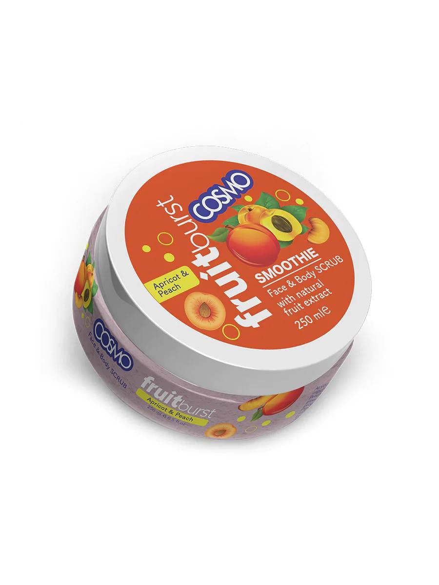 Cosmo Apricot & Peach Face & Body Scrub 250ml - Natural Exfoliator for Sun Tan Removal & Skin Brightening - Suitable for All Skin Types - Men & Women - Perfect for Post-Sun Care & Daily Skincare Routine