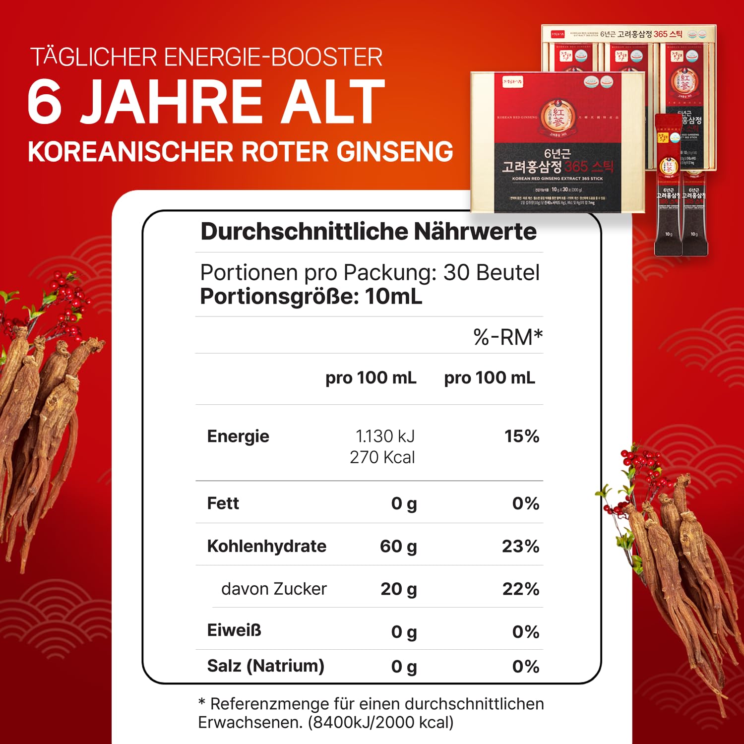 Korean Red Ginseng Extract - 7mg Ginsenosides per Stick | Energy & Immune Support for Men & Women | Daily Wellness Boost