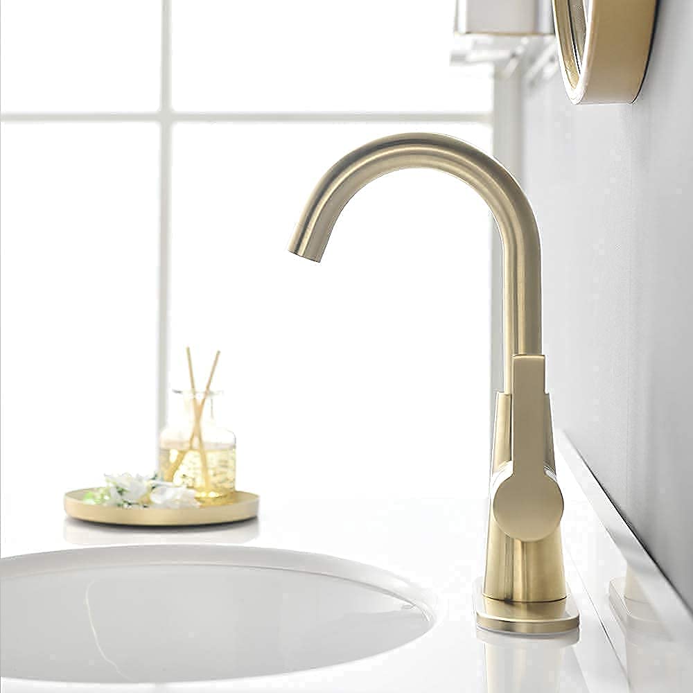 Brushed Gold 4 Inch Center Bathroom Sink Faucet with Deck Plate & Supply Hoses - Bar Sink Faucet & Pre-Kitchen Faucet by Phiestina | Perfect for Small Bathrooms, Wet Bars & Prep Sinks