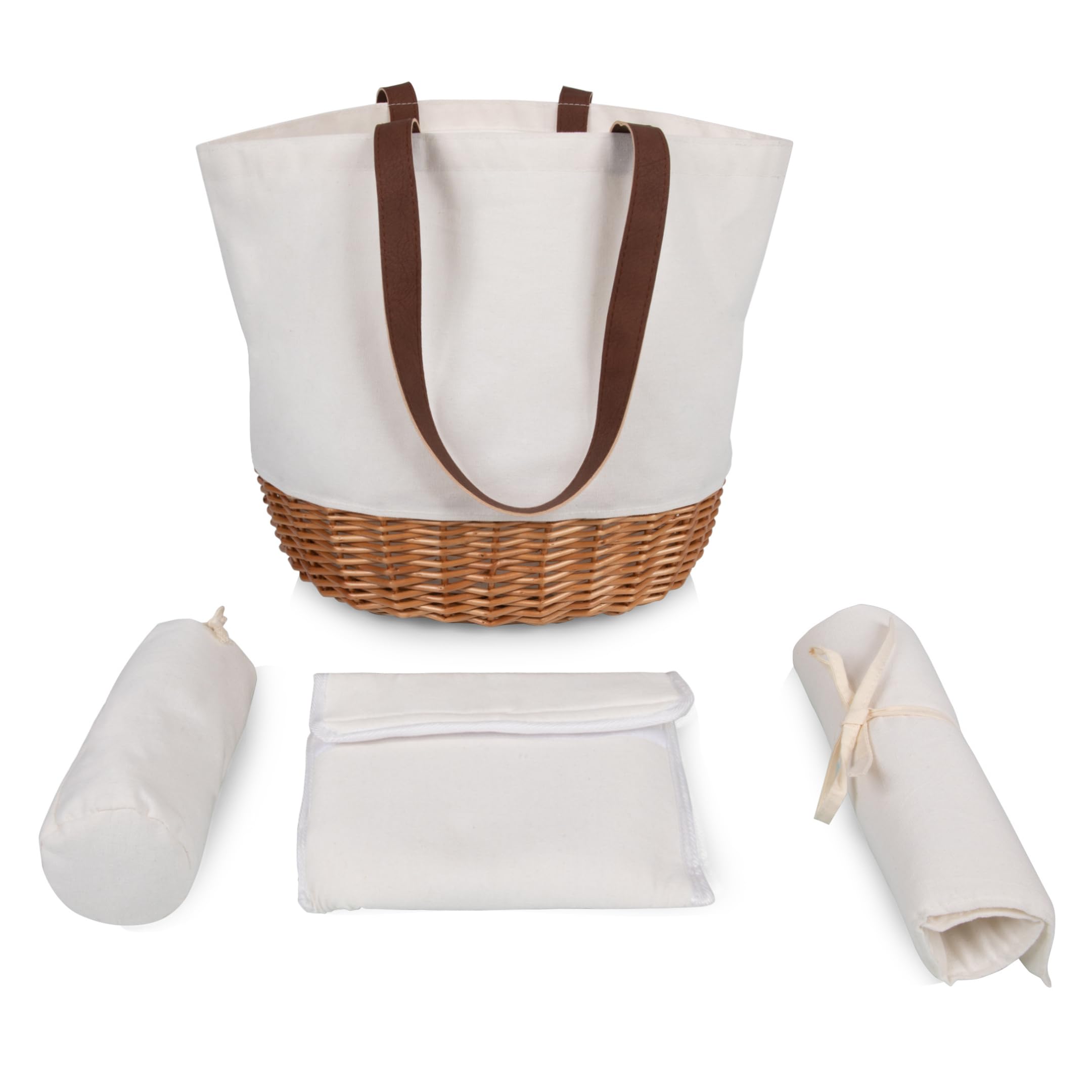 PICNIC TIME Promenade Picnic Basket for 2 - Willow & Canvas Picnic Set with Utensils, Wine Glasses, Plates - Perfect for Romantic Dates, Outdoor Dining, Beach Picnics & Park Outings (Beige)