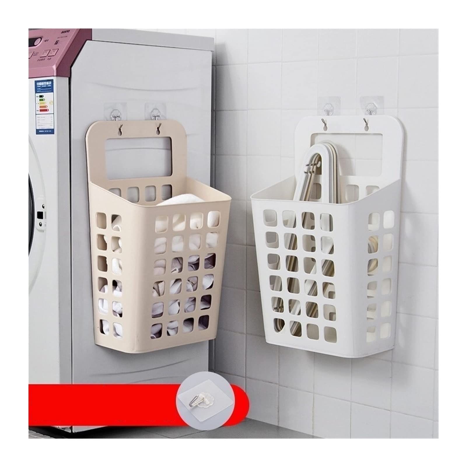 TOPOB Wall Mounted Laundry Basket - Plastic Dirty Clothes Storage Bin for Bathroom & Home Organization (Khaki, Medium) | Space-Saving Solution for Small Bathrooms & Closet Organization