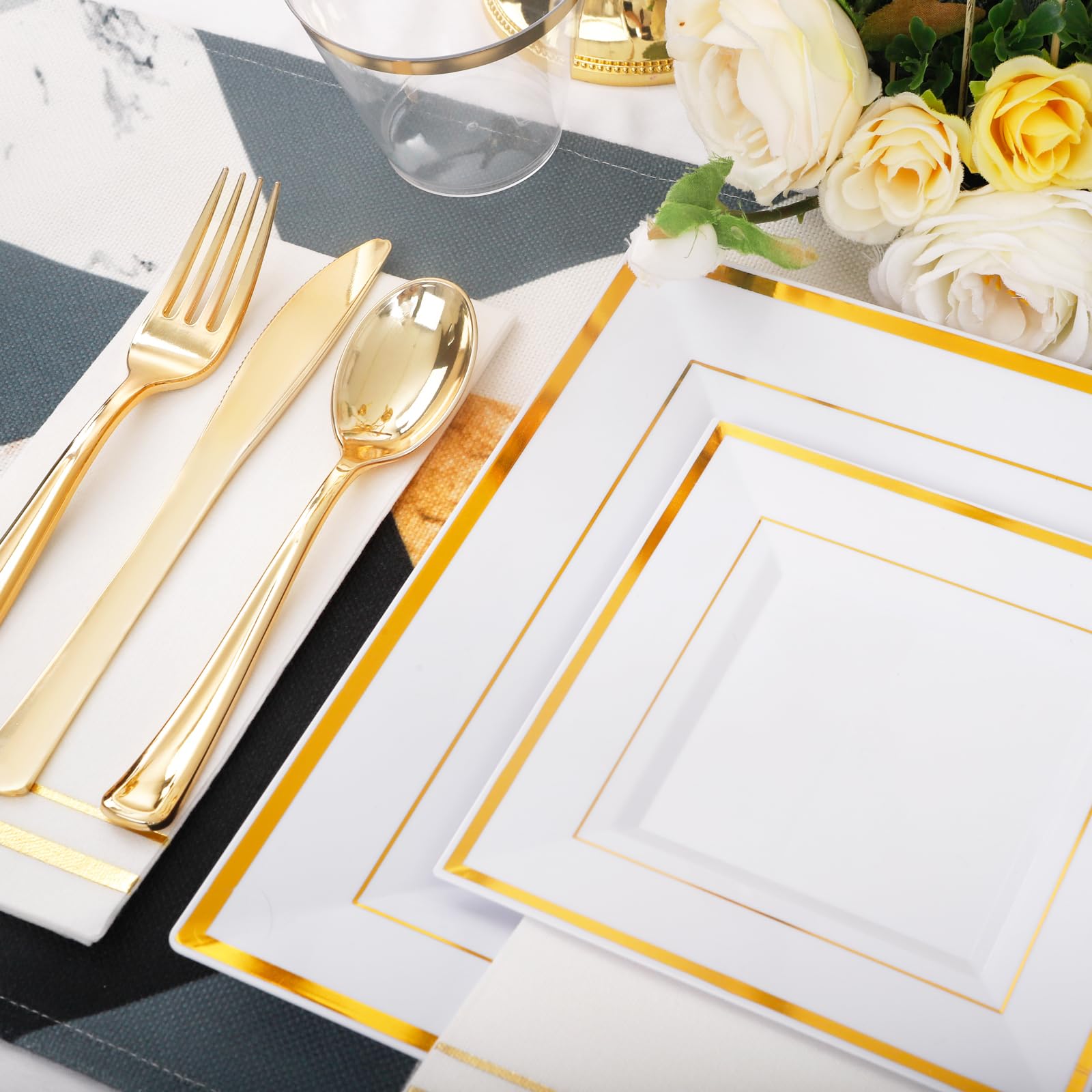350Pcs Gold Plastic Party Plates Set - Disposable Square Gold Dinner Plates, Dessert Plates, Cups, Cutlery & Napkins for Wedding, Birthday, Anniversary Celebrations - Elegant Tableware for Special Occasions