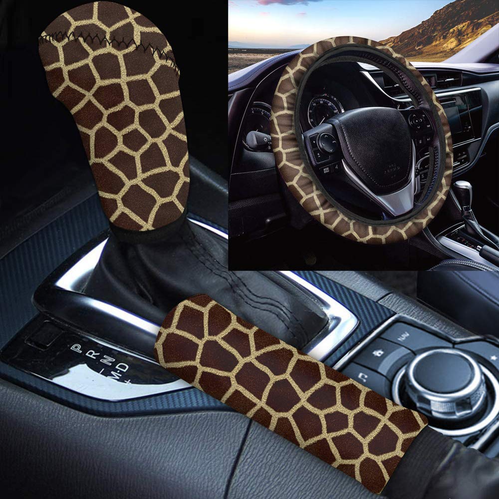 Giraffe Print Steering Wheel Cover, Handbrake Grip Cover & Gear Shift Knob Cover Set - Universal Fit 3-Piece Car Interior Accessories for Jeep, SUV, Truck - Stylish Animal Print Car Decor Upgrade