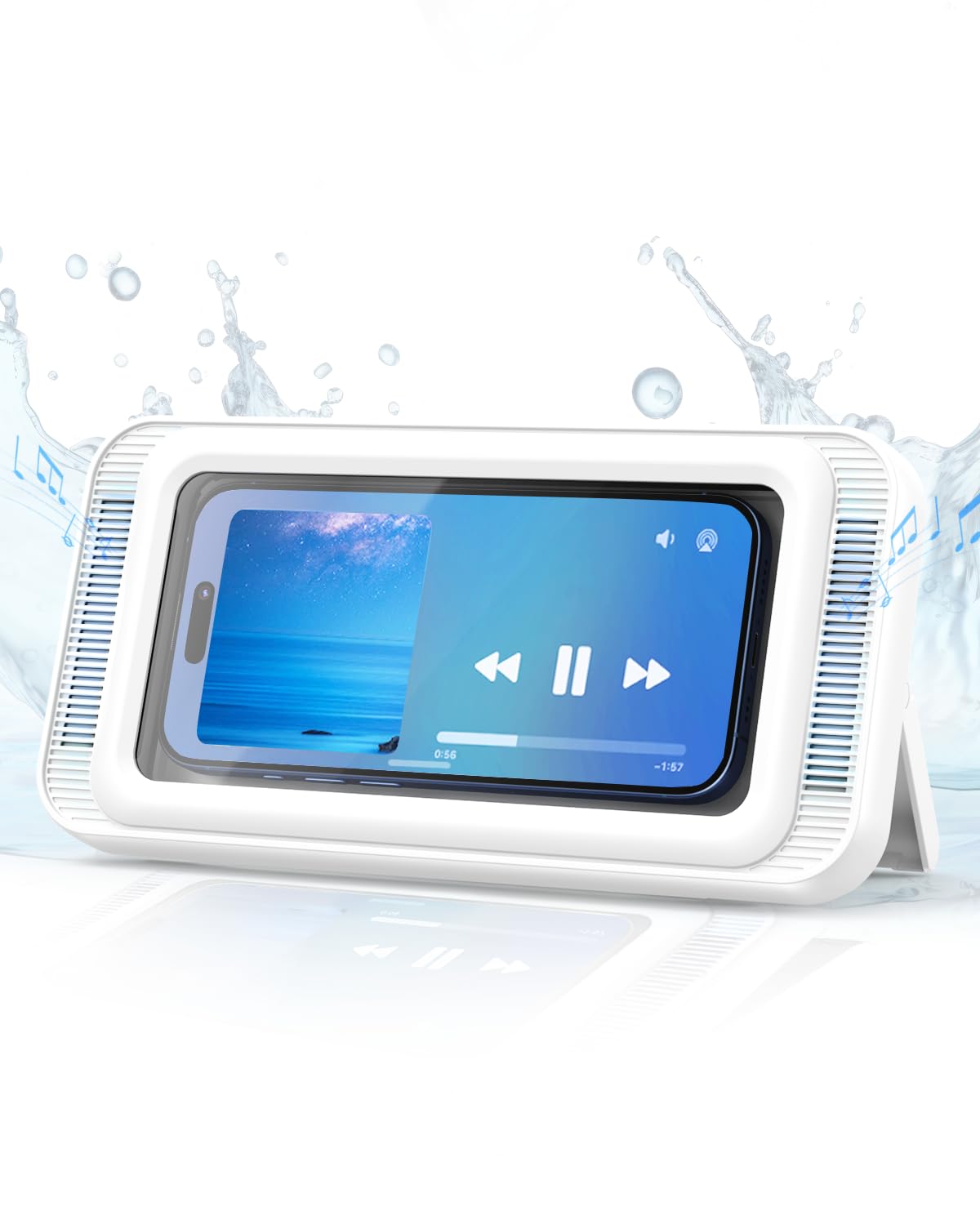 Waterproof Shower Phone Holder with Speaker - Universal Mount for Bathroom, Bathtub, Kitchen & Wall Mirror - Fits Smartphones up to 7 Inches (White) - Perfect for Hands-Free Music, Videos & Calls in Wet Areas