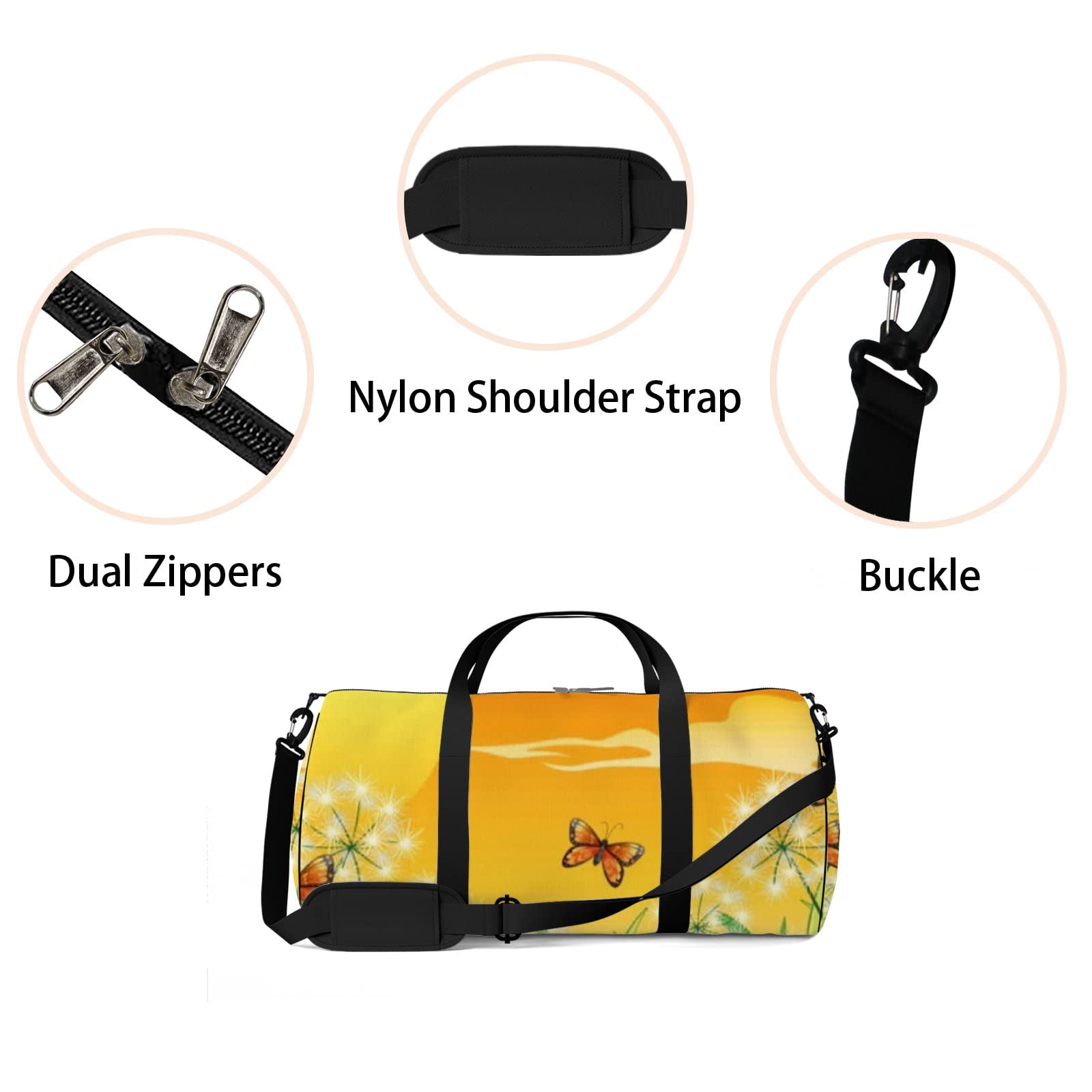 Orange Sunset Butterfly & Dandelion Waterproof Gym Tote Bag with Shoulder Strap & Zipper Pockets - Unisex Sports Bag for Travel, Workout & Storage | Perfect for Gym, Beach & Daily Commute