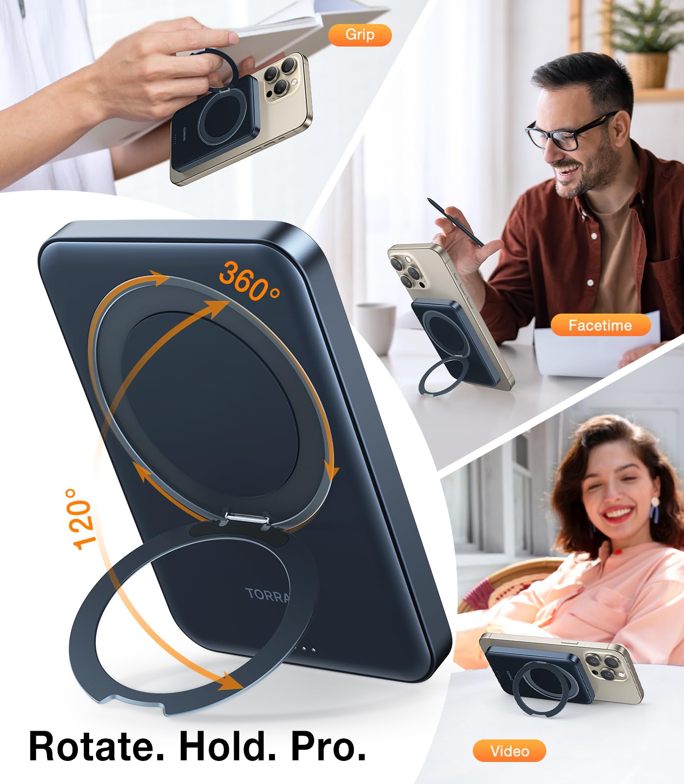 TORRAS 5000mAh Magnetic Wireless Power Bank - Ultra Slim Portable Charger with Stand for iPhone 15/14/13/12 & Samsung Galaxy S24 Ultra - Fast Charging Battery Pack for Travel, Work & Outdoor Use (Black)