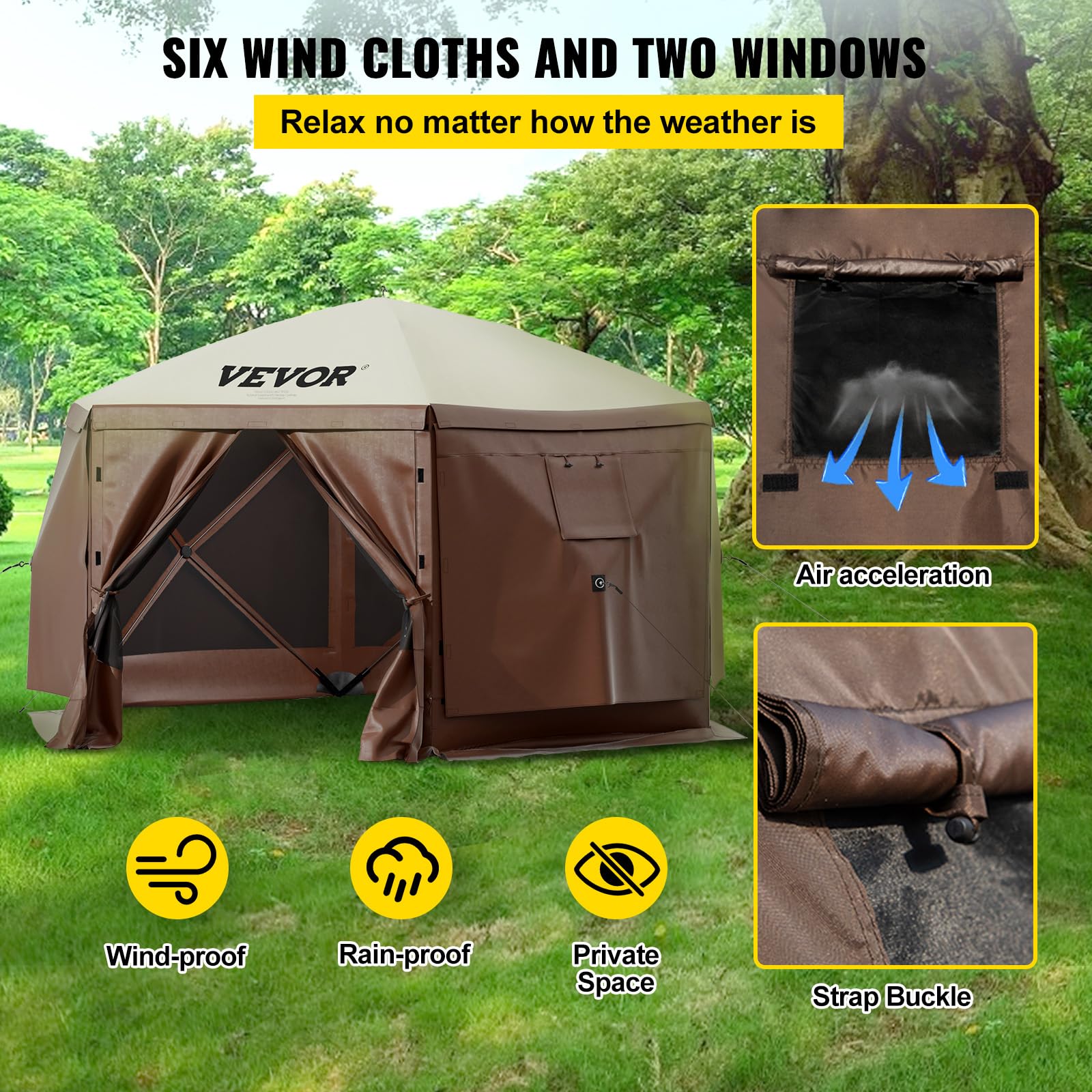 VEVOR 12x12ft 6-Sided Pop Up Canopy Tent with Mesh Windows & Carry Bag - Portable Outdoor Shade Shelter for Camping, Beach, Backyard, Picnics, Parties (Brown/Beige) - Includes Stakes & Windproof Design