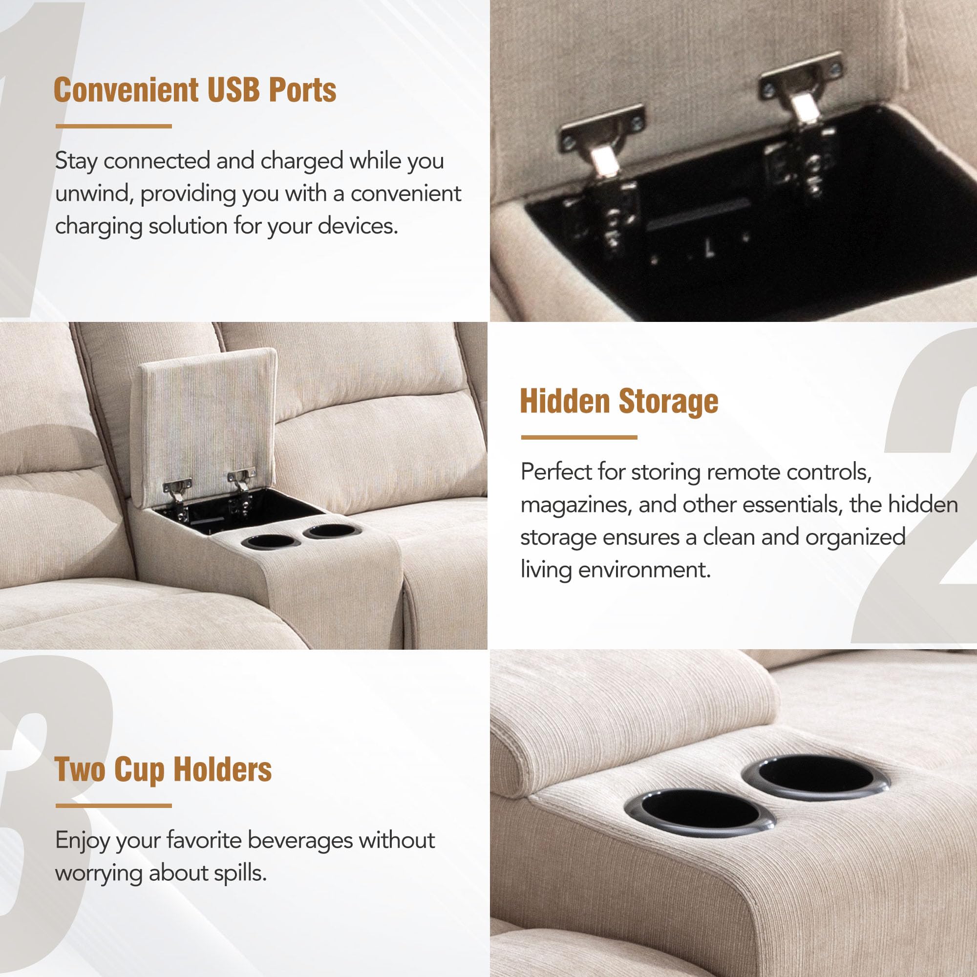 P PURLOVE Modern L-Shaped Reclining Sofa with USB Ports, Hidden Storage & LED Lights - Velvet Living Room Couch for Apartments, Bedrooms (Cream) | Perfect for Small Spaces, Movie Nights & Relaxing