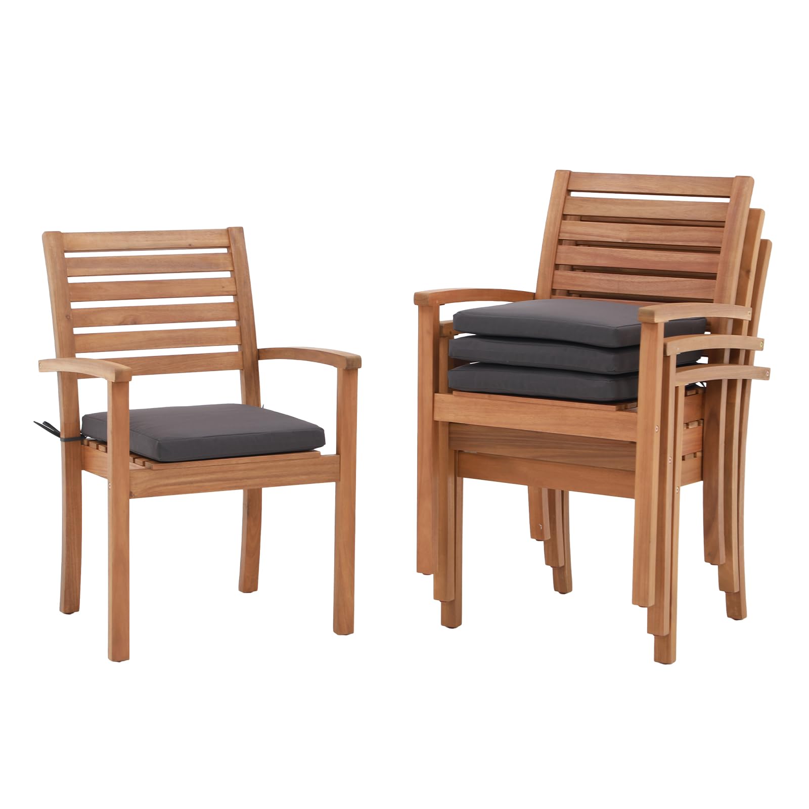 OC Orange-Casual 4-Piece Stackable Patio Dining Chairs Set - Outdoor Acacia Wood Armchairs with Removable Cushions - Perfect for Porch, Backyard, Garden, or Indoor Use - Dark Grey - Durable & Comfortable Outdoor Seating for Entertaining & Relaxation
