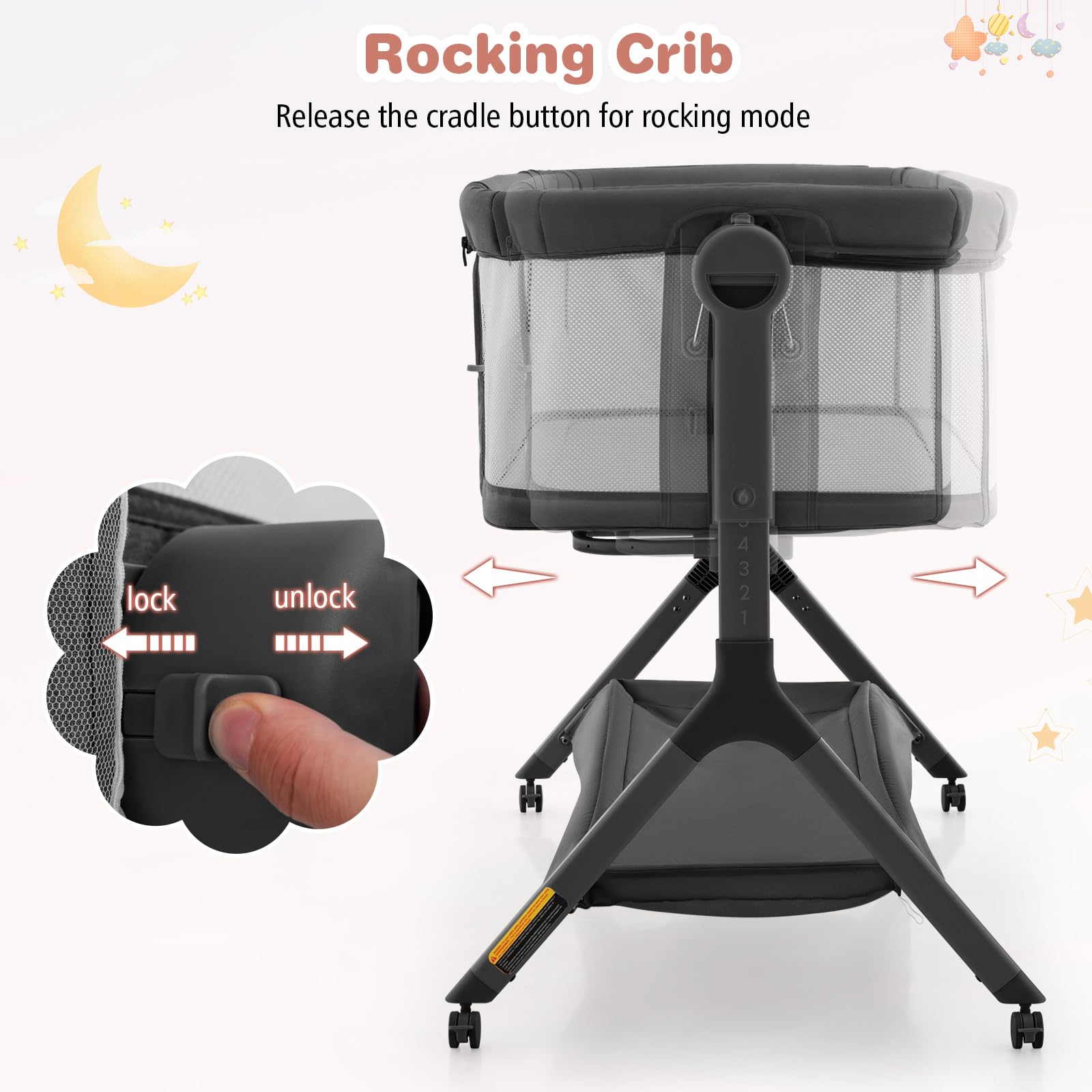 BABY JOY 3-in-1 Rocking Bassinet with Storage Basket - Adjustable Height Baby Bedside Sleeper with Universal Wheels, Mattress, Mesh Net & Portable Carry Bag - Perfect for Nursery, Bedroom & Travel (Gray)