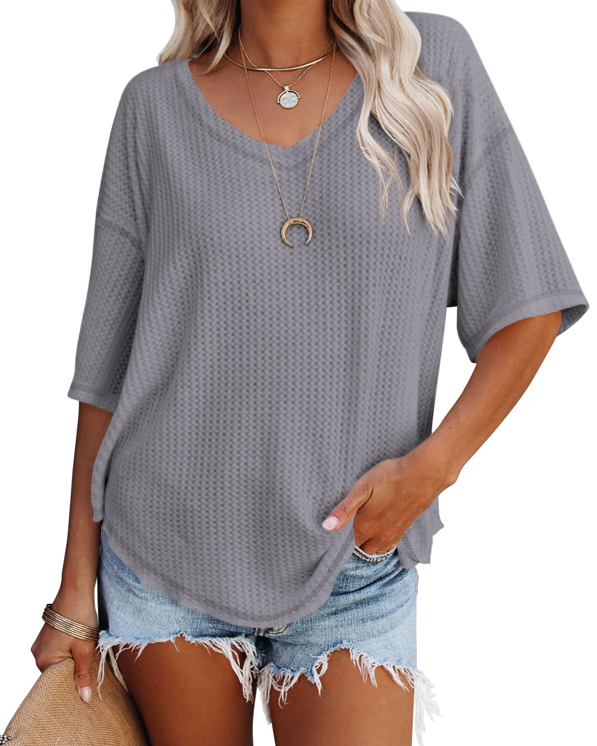 Yanekop Women's Oversized Waffle Knit Pullover V-Neck Half Sleeve Sweater - Loose Fit Casual Top for Fall & Winter | Cozy Lounge Wear, Office Outfits, Weekend Errands