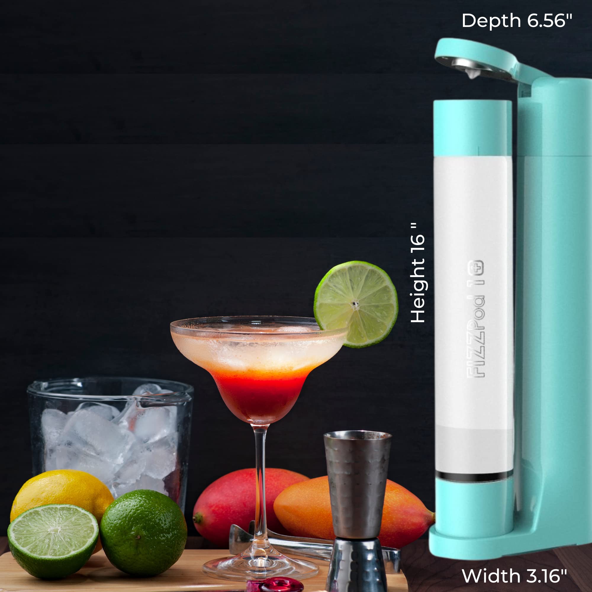 FizzPod Soda Maker Machine for Home - Sparkling Water Carbonator with 3 PET Bottles & Caps | Make Fizzy Drinks, Cocktails, Coffee & Tea | Perfect for Parties, Kitchen & Healthy Lifestyle (Aruba Blue)