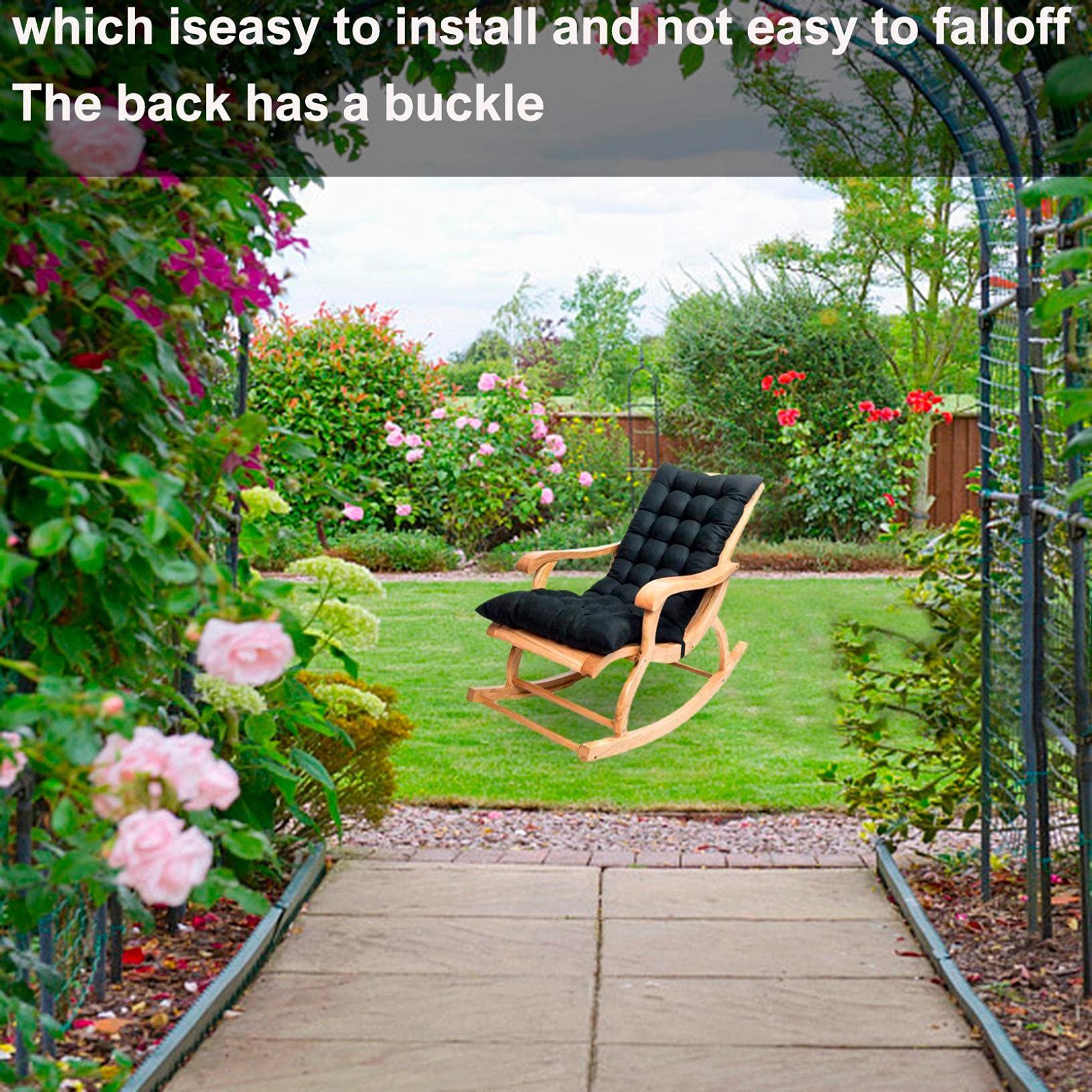 Non-Slip Rocking Chair Cushion Set - Indoor/Outdoor Seat & Back Cushions with Ties for Patio Furniture, Chaise Lounger, Swing Bench - Perfect for Relaxing on Porch, Deck or Garden (Black)