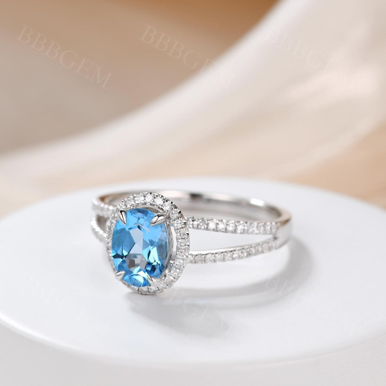 14K White Gold Sky Topaz and Diamond Engagement Ring, 6x8mm Custom Bridal Wedding Promise Ring, Handcrafted Fine Jewelry with Prong Setting - Perfect for Proposals, Anniversaries, and Special Occasions