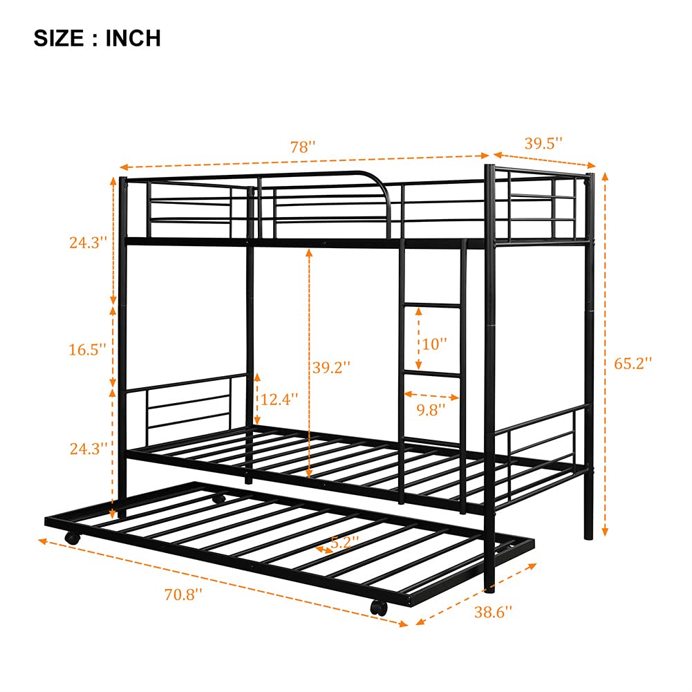Metal Twin-Over-Twin Bunk Bed with Trundle - Convertible to 2 Separate Beds, No Box Spring Required (Black) | Space-Saving Kids Bedroom Furniture for Small Rooms, Dormitories & Guest Rooms