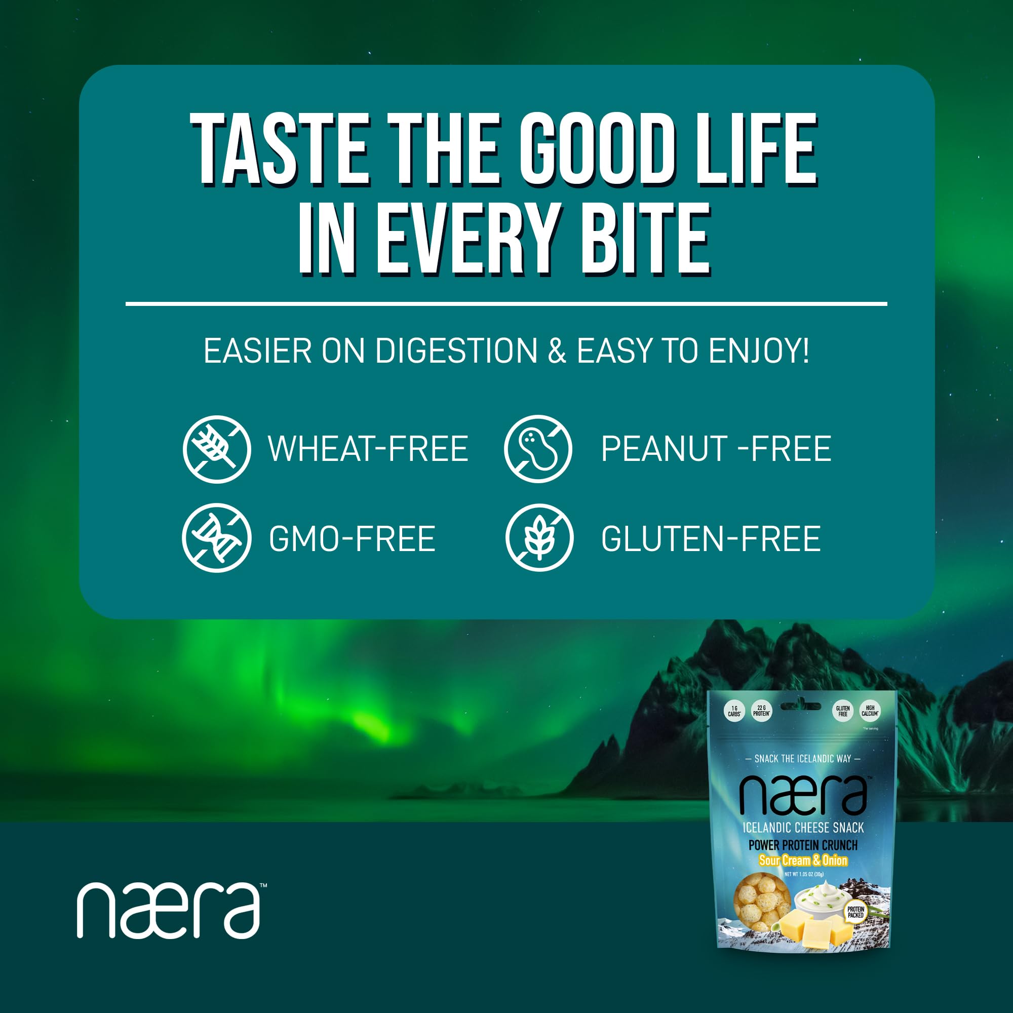 Næra Icelandic - Sour Cream & Onion 100% Cheese Crunch Protein Snacks | Keto Friendly, Gluten-Free, High Protein | All-Natural Snack for Adults & Kids (1.05 oz) | Perfect for On-the-Go, School Lunches & Low-Carb Diets