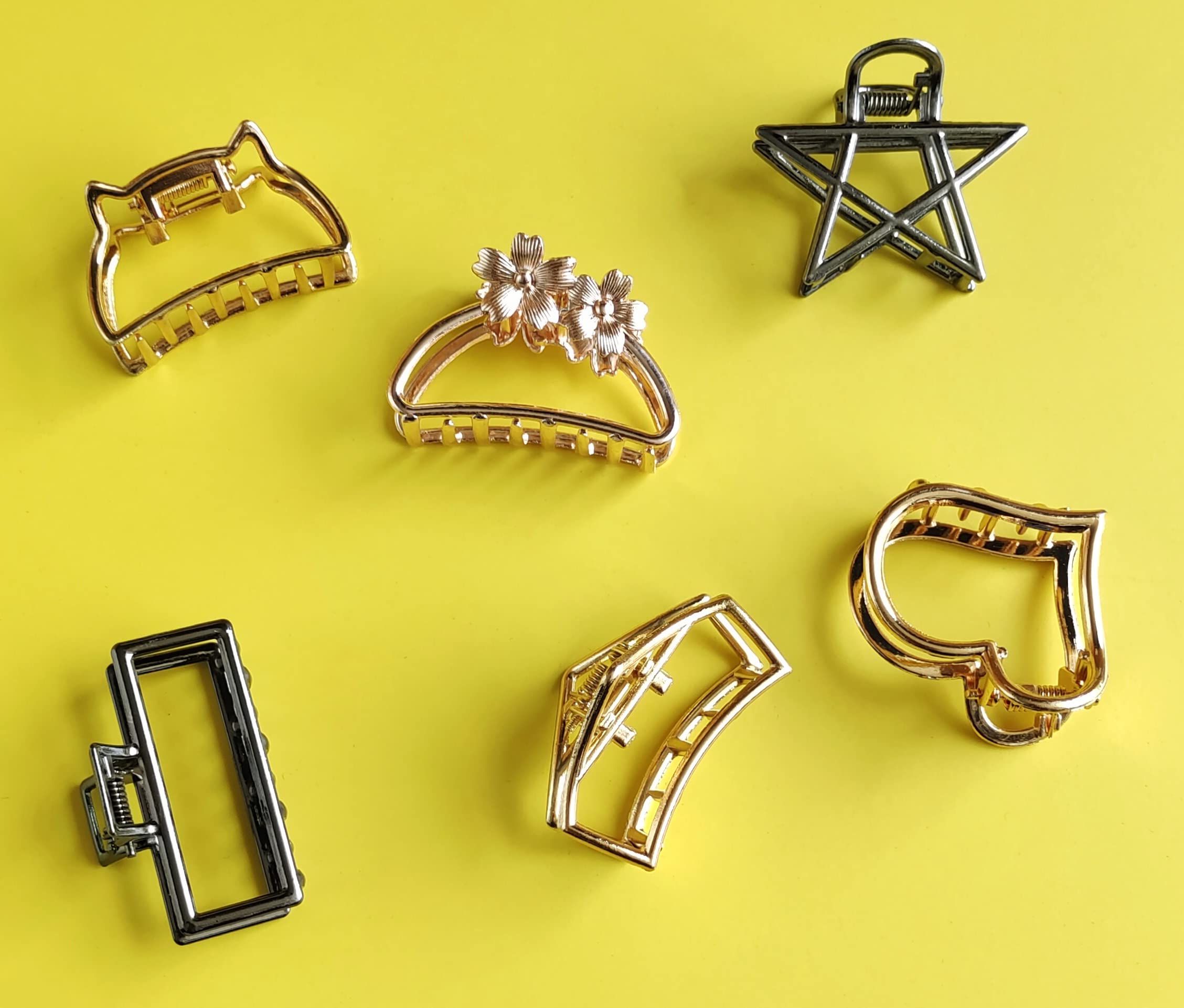 Korean Style Metal Glossy Finish Hair Claw Clips - Golden Hair Clutcher Accessories for Women & Girls (6 Pcs) - Perfect for Updos, Ponytails & Everyday Hairstyles