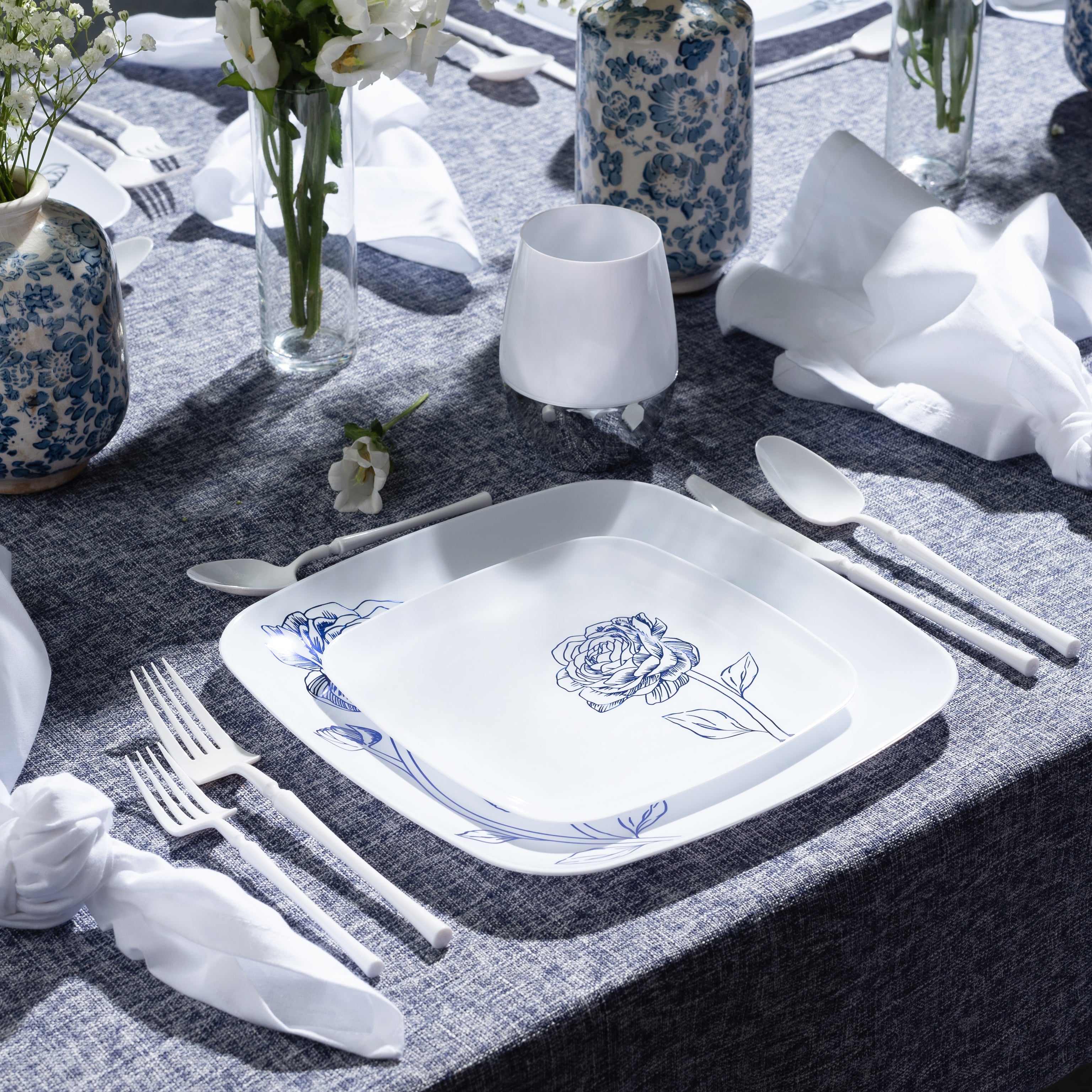 32-Piece White and Blue Square Plastic Dinnerware Set - 16 Servings, Durable & Stylish for Parties, Picnics, and Outdoor Dining - Peony Design