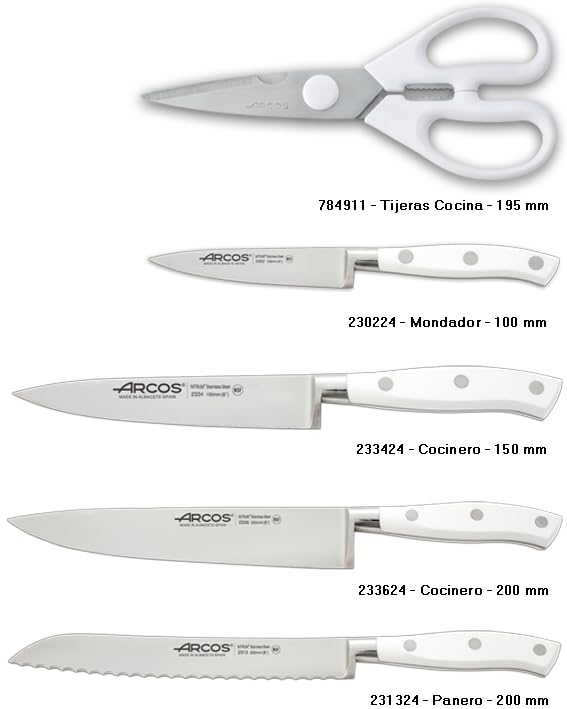 Arcos Forged Knife Block Set - 5-Piece Nitrum Stainless Steel Kitchen Knives with Ergonomic POM Handle | Professional Chef Knives for Slicing, Dicing & Chopping | Riviera Blanc Series in White | Perfect for Home Cooks & Professional Kitchens