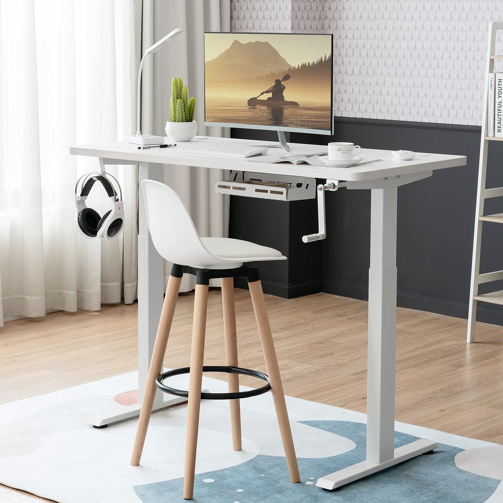 Tangkula Manual Height Adjustable Standing Desk Frame - Ergonomic Hand Crank Sit Stand Workstation with Cable Management Tray & Headphone Hook - Perfect for Home Office, Study & Workspace Productivity