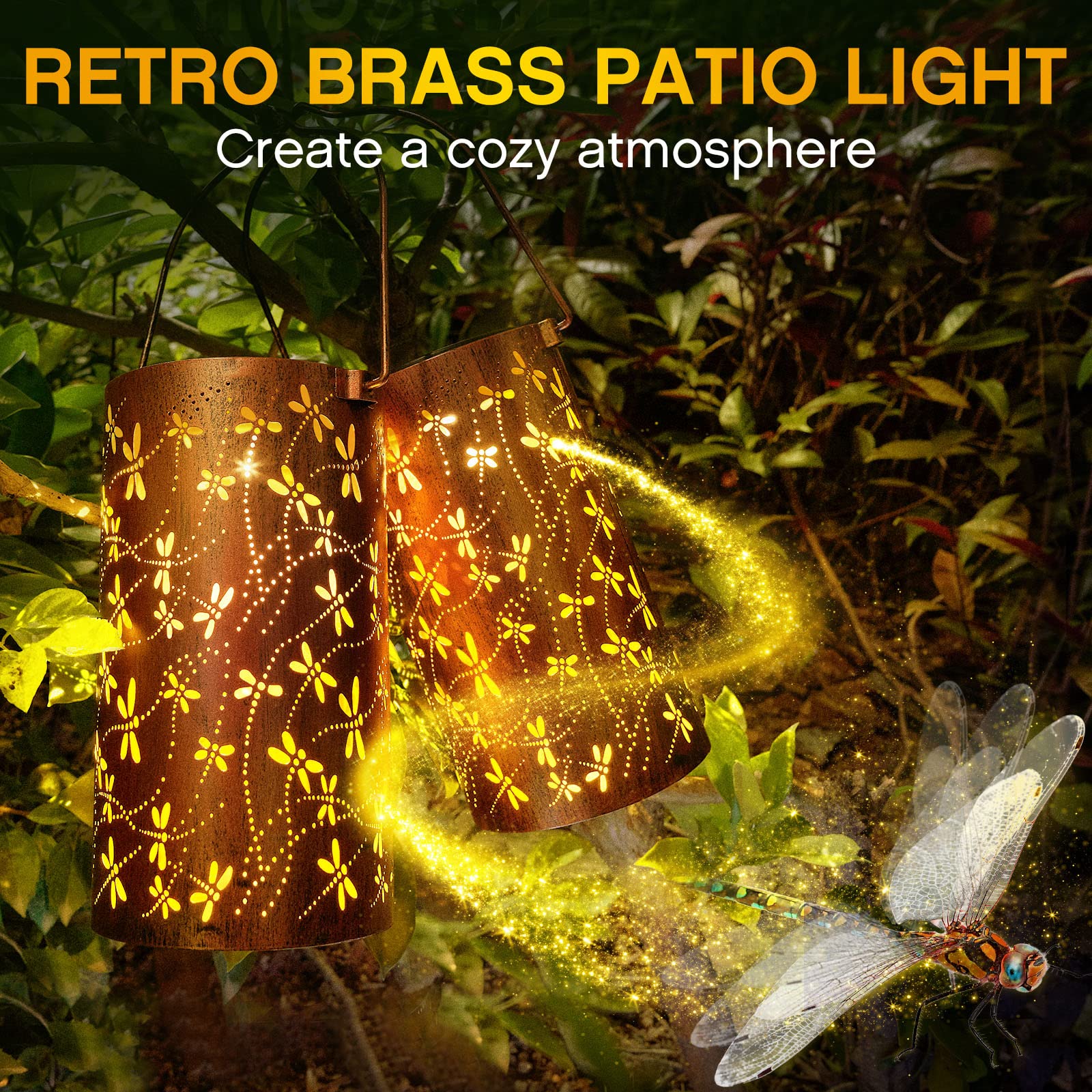 2 Pack Solar Powered Dragonfly Lanterns - Outdoor Hanging LED Lights with Hollow Metal Design, Waterproof Garden Decor for Patio, Backyard, Pathway - Perfect for Christmas Gifts, Women's Decor & Night Lighting