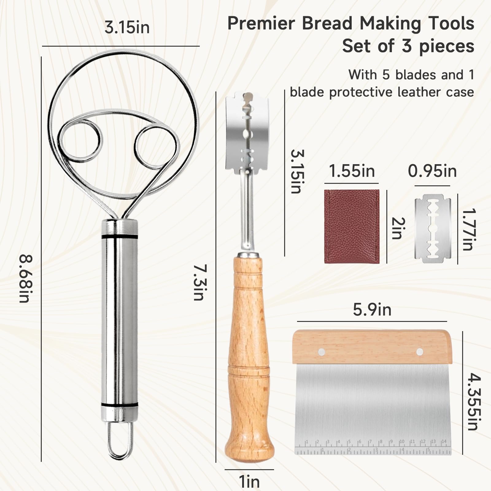 Premium Handcrafted Bread Lame Set - 3-Piece Sourdough Scoring Tool Kit with 5 Blades, Danish Dough Whisk & Dough Scraper - Perfect for Artisan Bread Baking, Home Baker Gifts & Professional Kitchen Use
