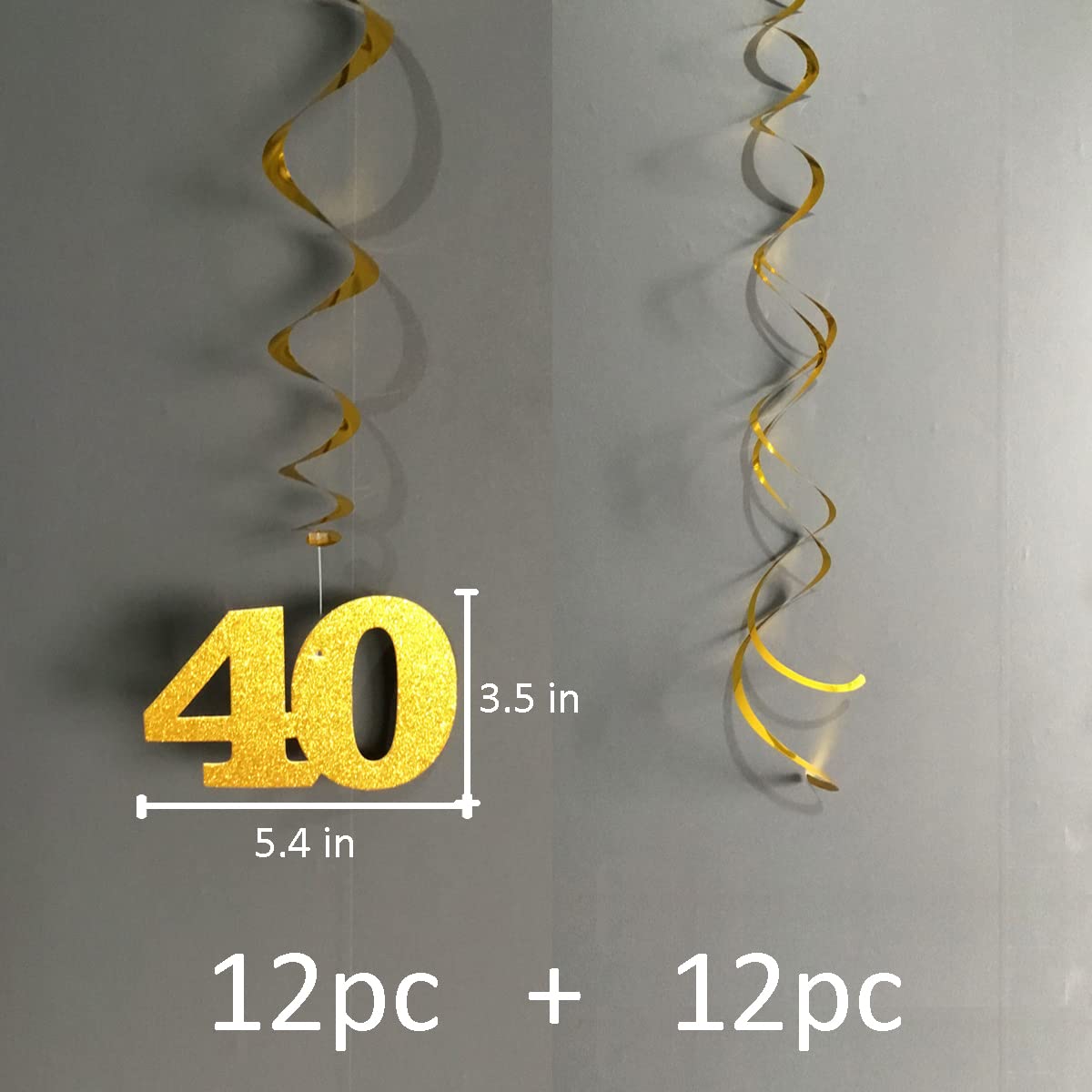 40th Birthday Decorations for Women - 24pc Gold Glitter Ceiling Hanging Swirls, Shiny Anniversary Party Decorations - Perfect for Birthday Parties, Milestone Celebrations & Photo Backdrops
