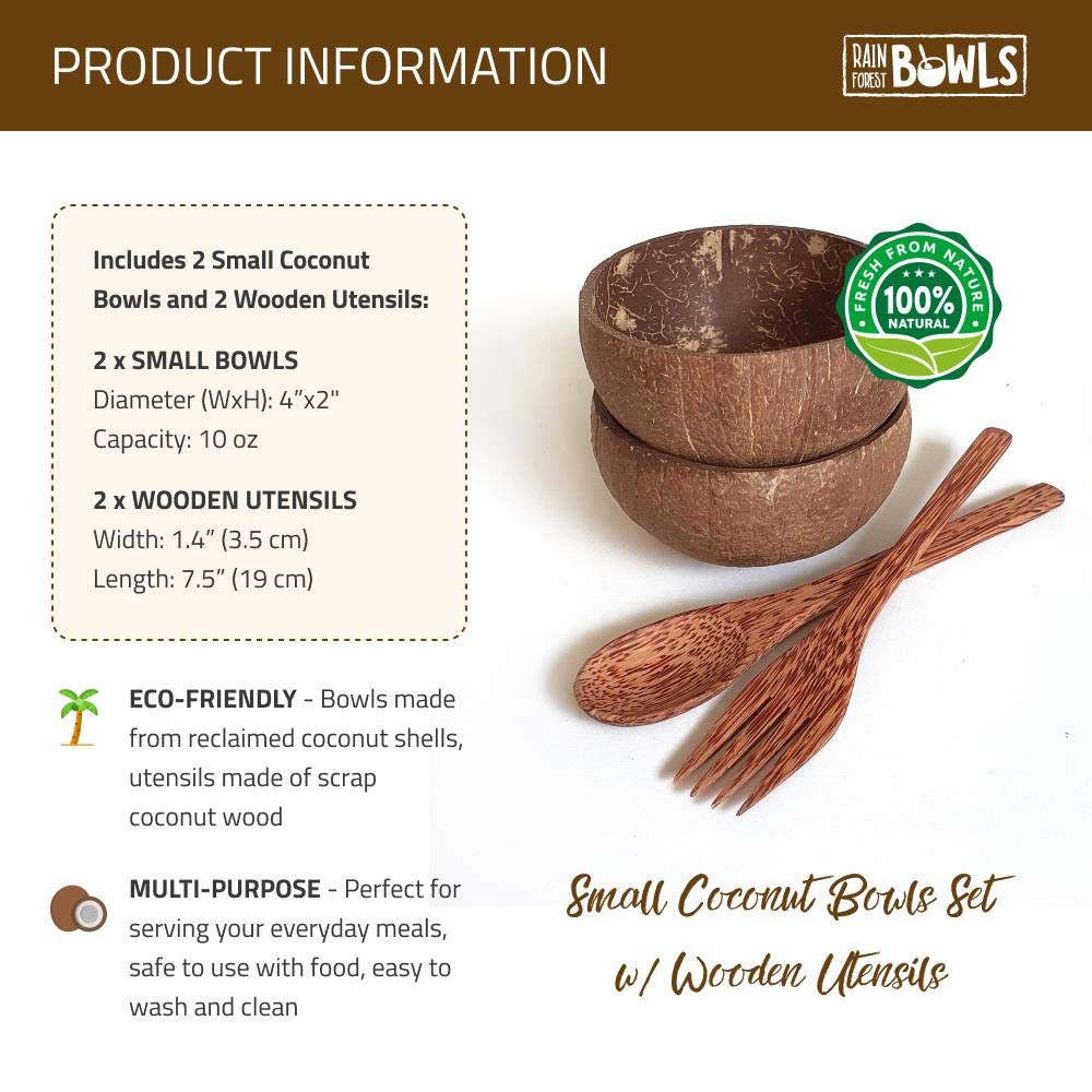 2 Eco-Friendly Raw Coconut Bowls (Small) with 2 Coconut Wood Forks - 100% Natural Organic Kitchen Set - Handcrafted from Reclaimed Coconut Shells - Perfect for Smoothie Bowls, Acai Bowls, Salads & Vegan Meals